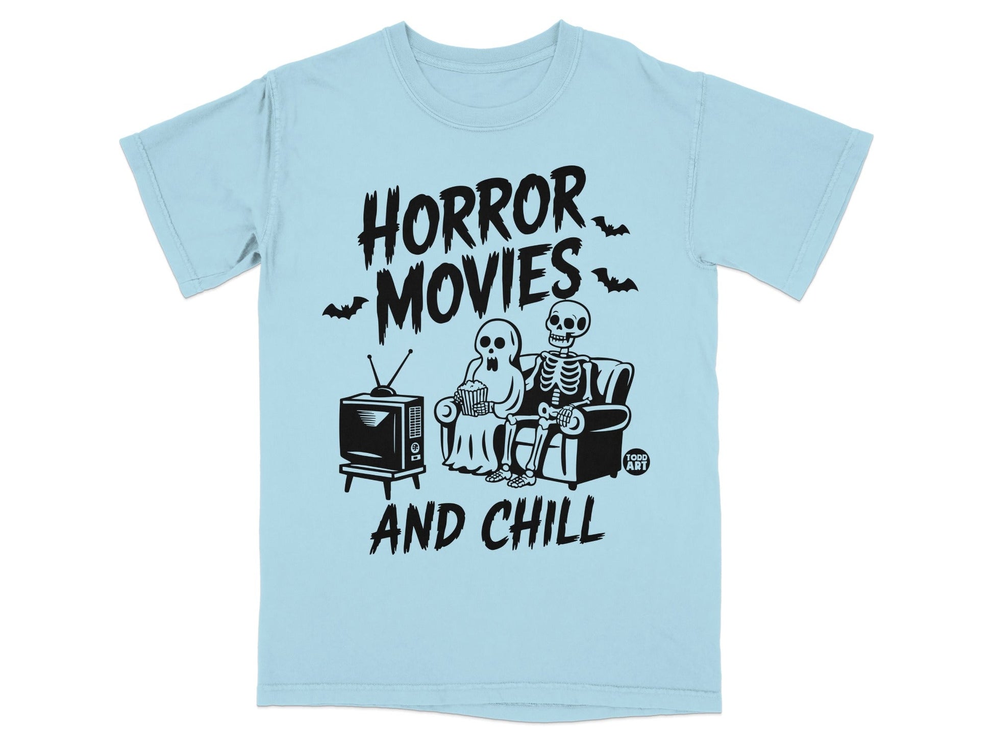Light blue t-shirt with "Horror Movies and Chill" skeleton design.