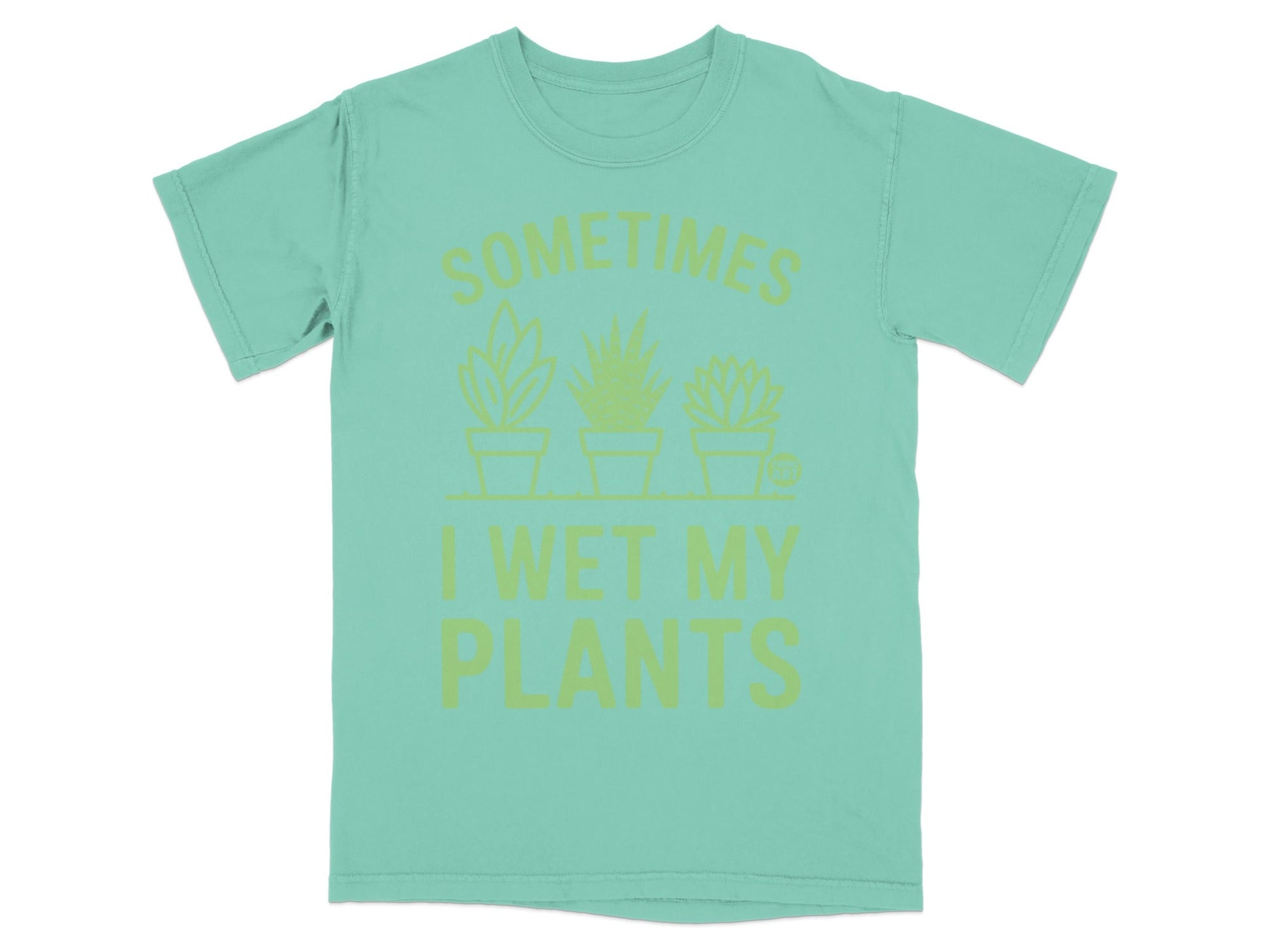 Teal t-shirt with green text and three potted plants graphic.