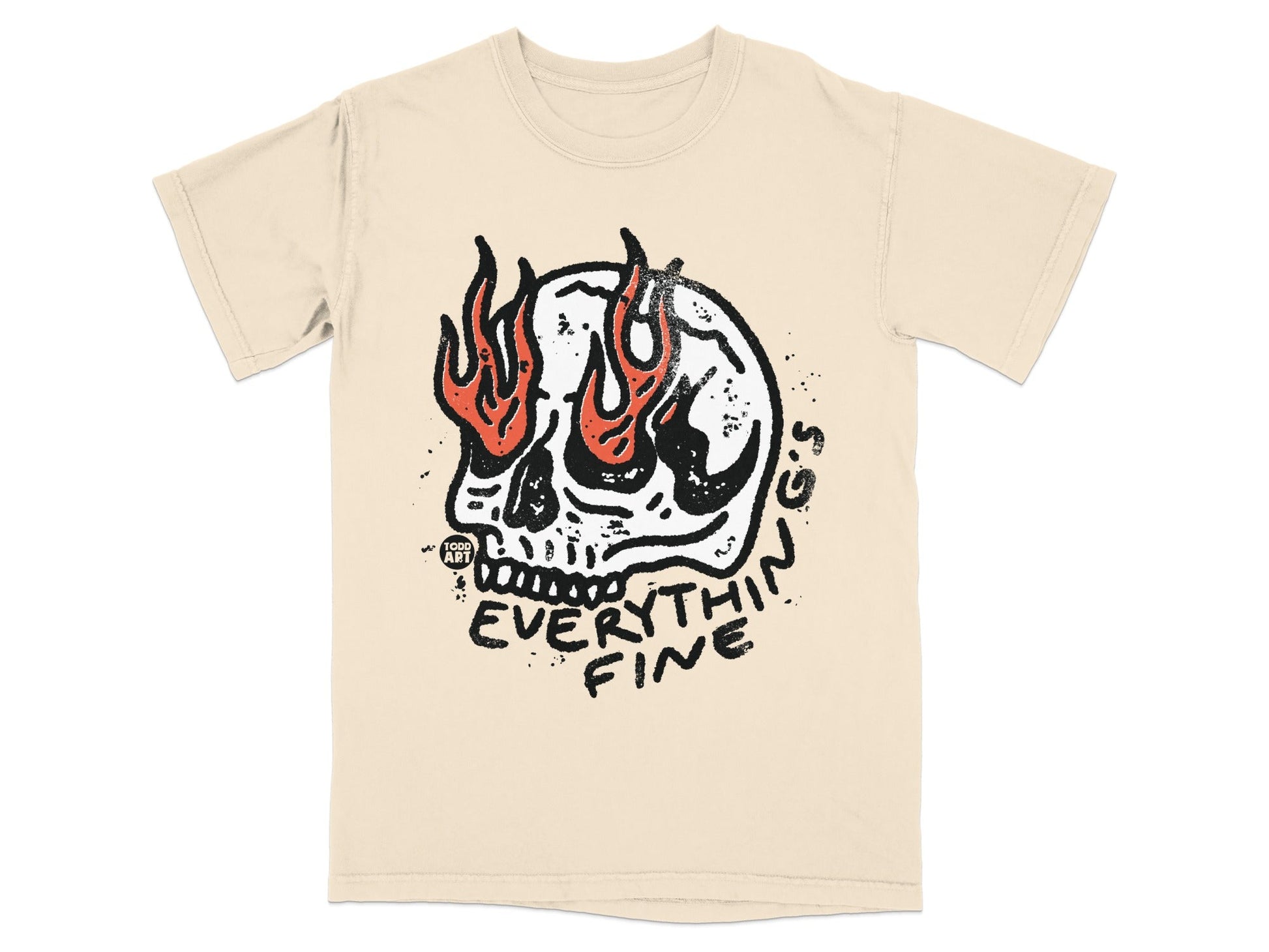 Cream t-shirt with a skull on fire and the text "Everything Fine".