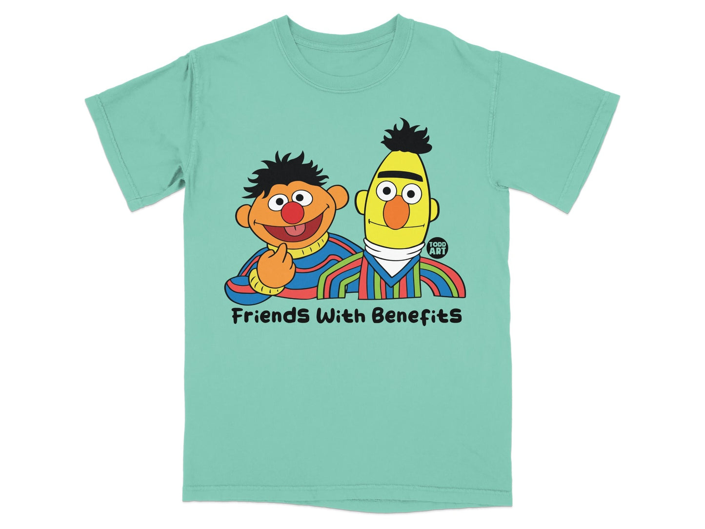 Bert and Ernie with "Friends With Benefits" text and Toddland logo.