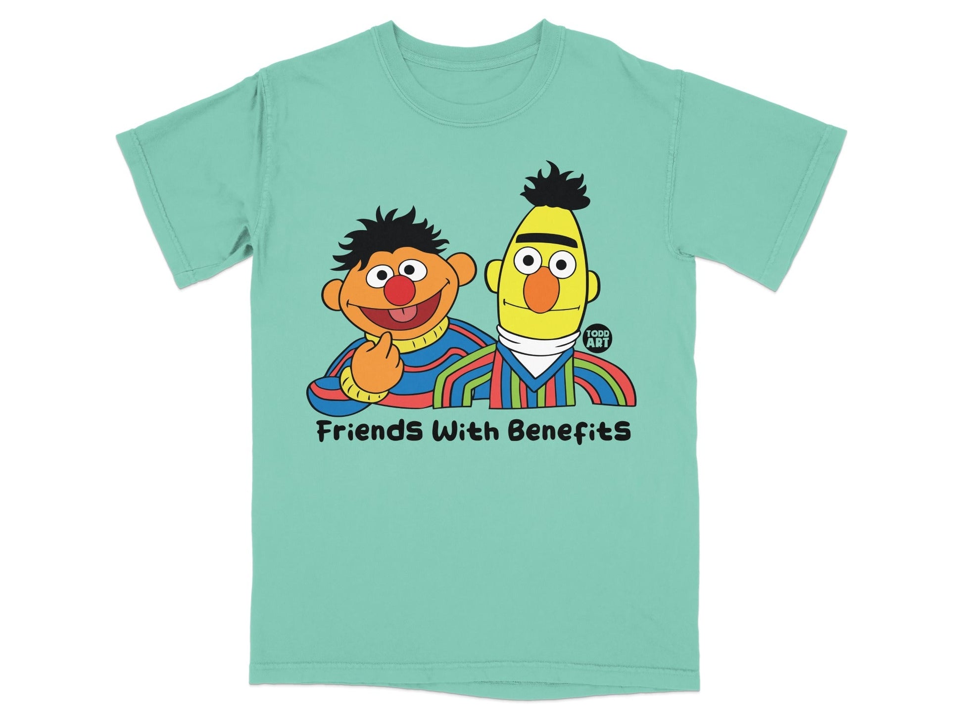 Bert and Ernie with "Friends With Benefits" text and Toddland logo.