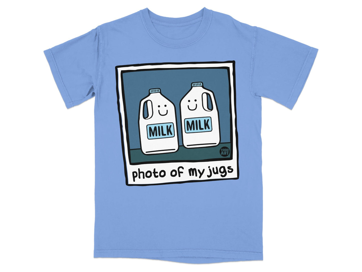 T-shirt with cartoon milk jugs and "photo of my jugs" text.