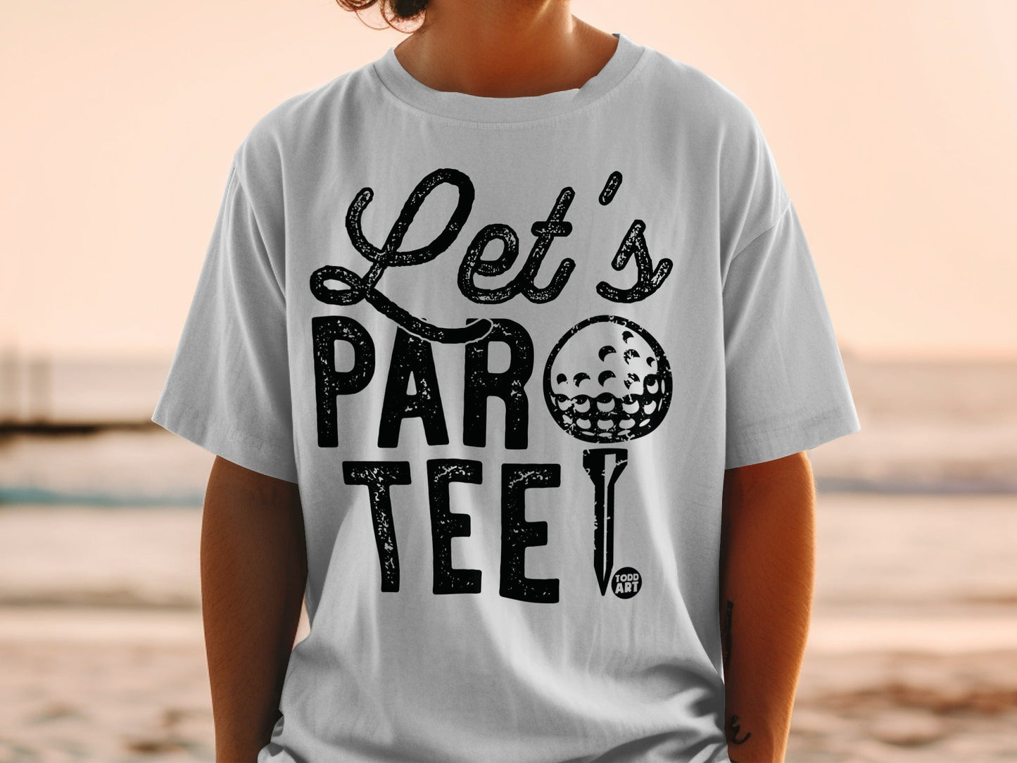Black graphic tee with "Let's PAR TEE!" and golf ball design.