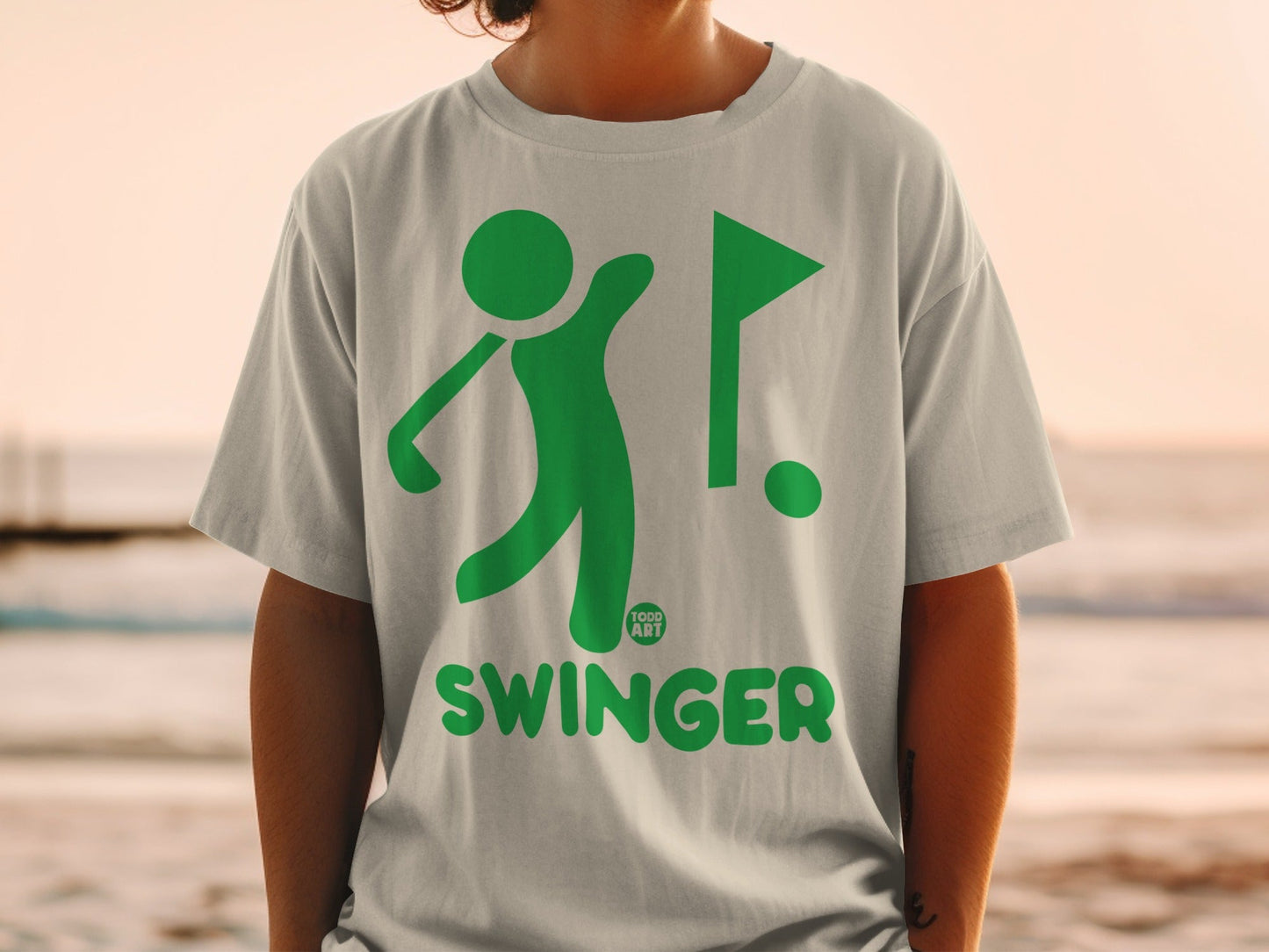 Green graphic of a golfer and flag, with "SWINGER" text below.