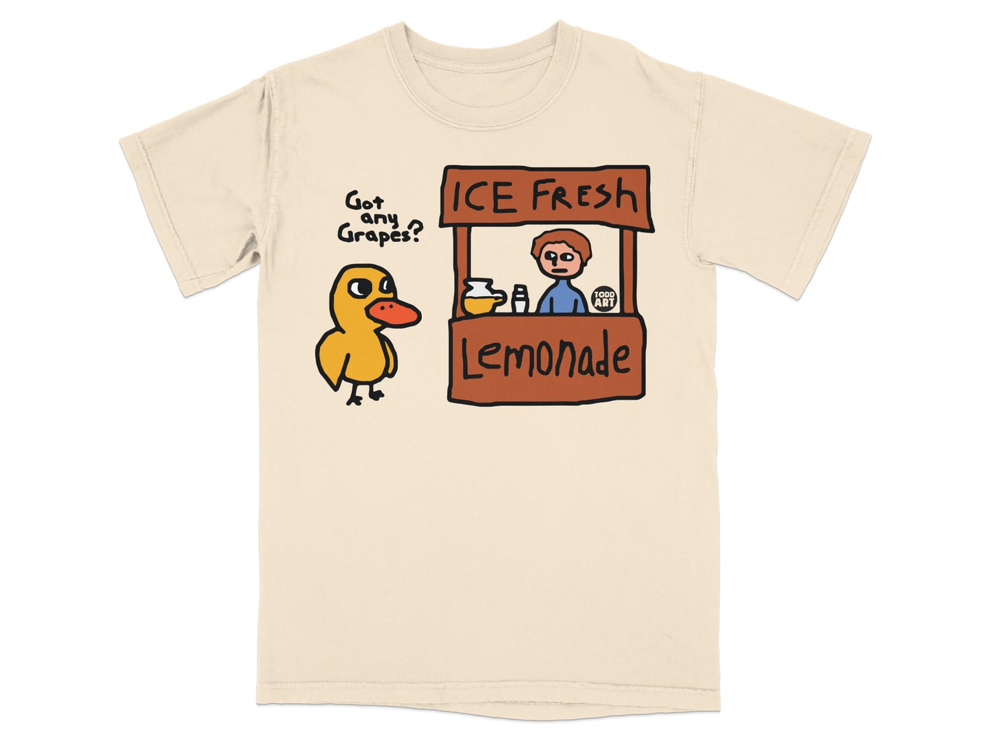 Cartoon duck at an ice-cold lemonade stand asking "Got any grapes?"