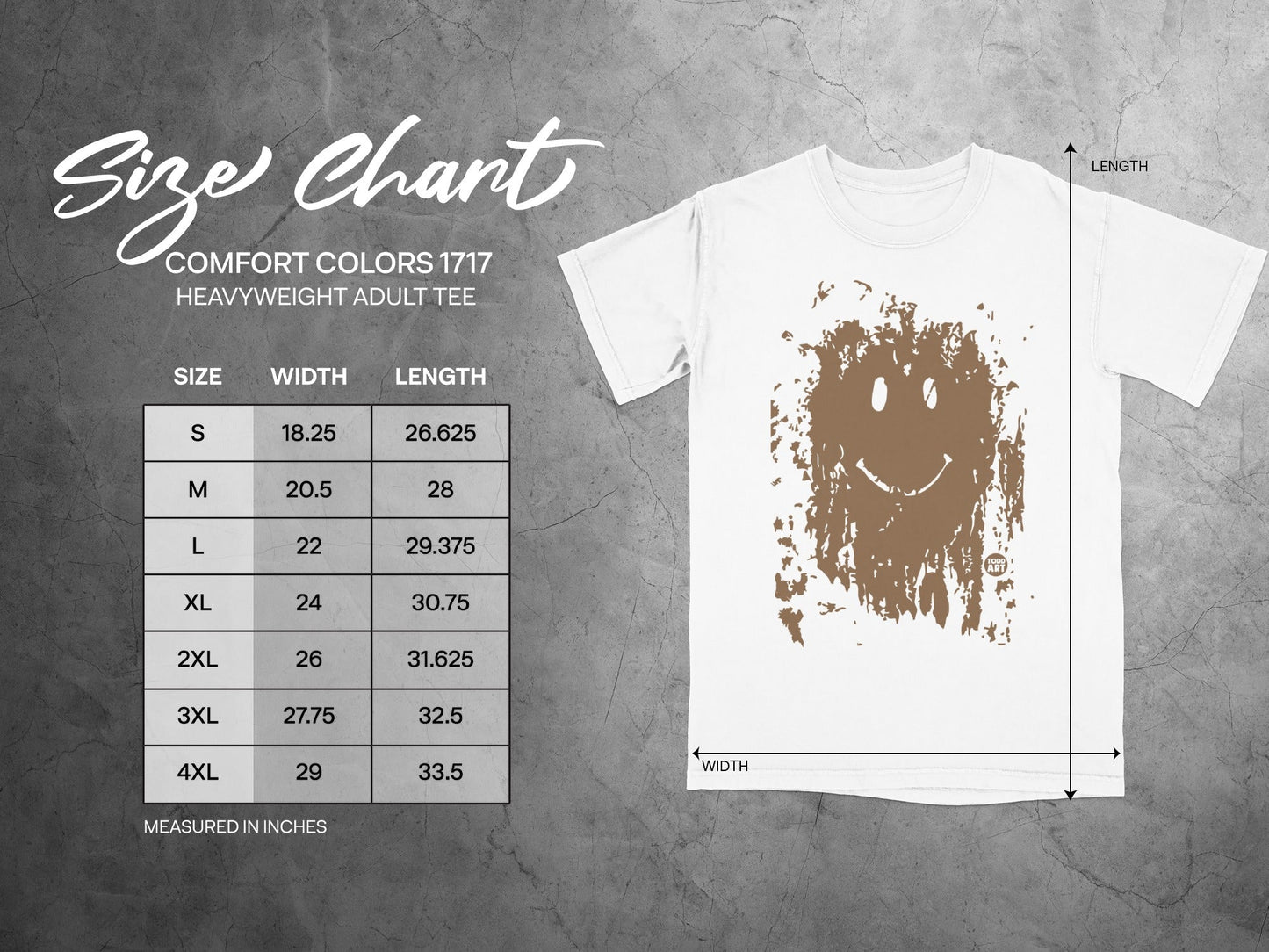 Comfort Colors 1717 heavyweight adult tee size chart with width and length measurements.