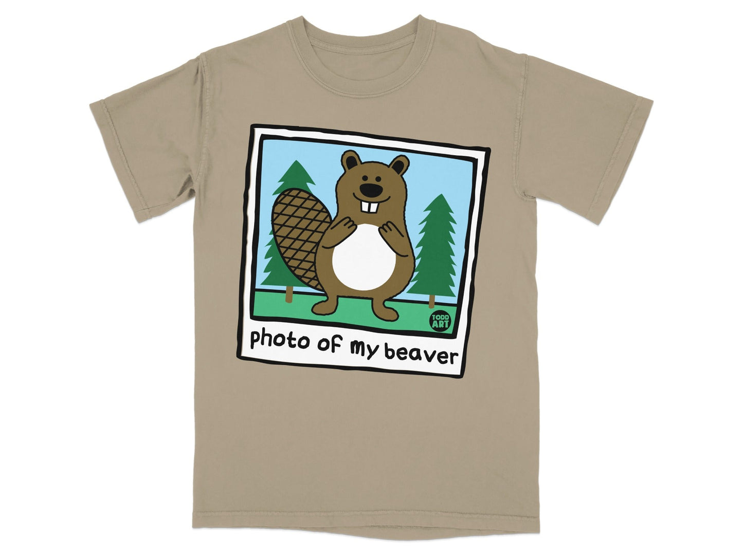 T-shirt with a cartoon beaver illustration within a photo frame.