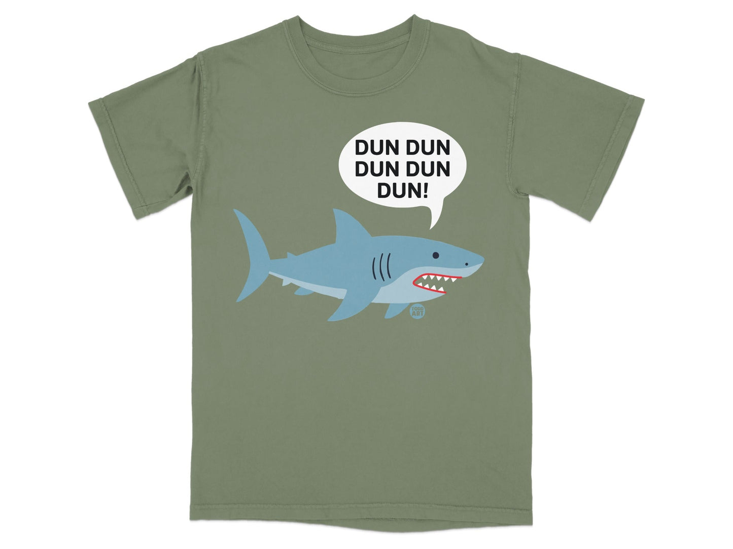 Khaki t-shirt with a cartoon shark and "DUN DUN DUN DUN!" speech bubble.