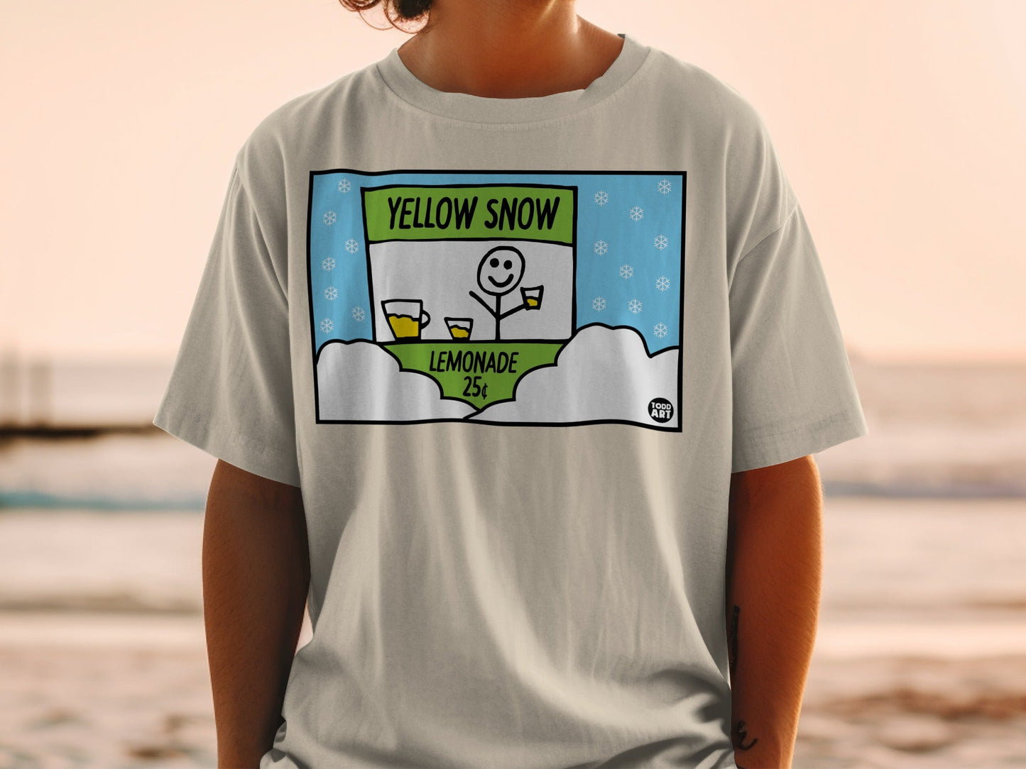 T-shirt graphic with "Yellow Snow Lemonade 25¬¢" and stick figure.