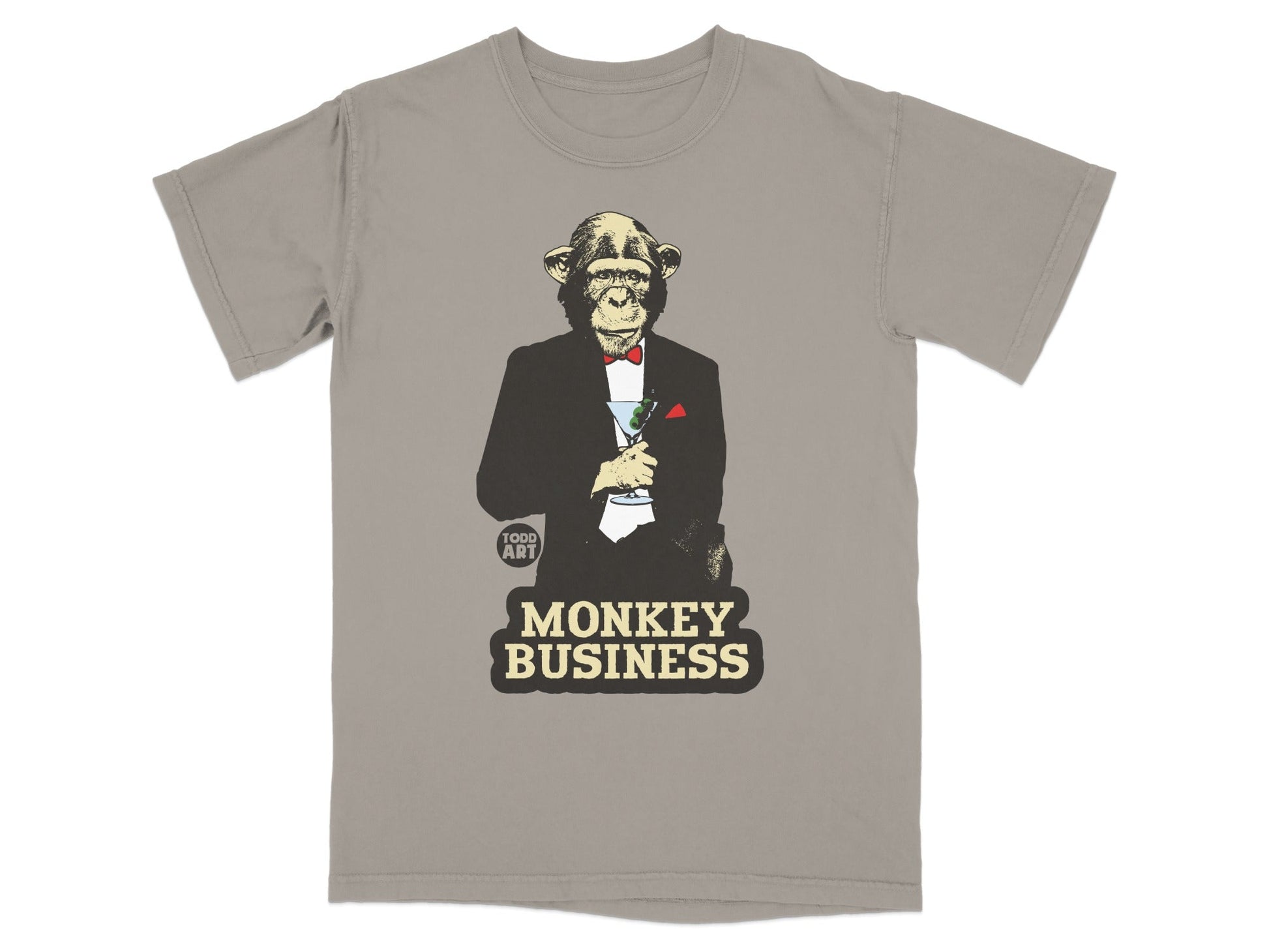 T-shirt graphic of a monkey in a tuxedo holding a martini glass with "Monkey Business" text.