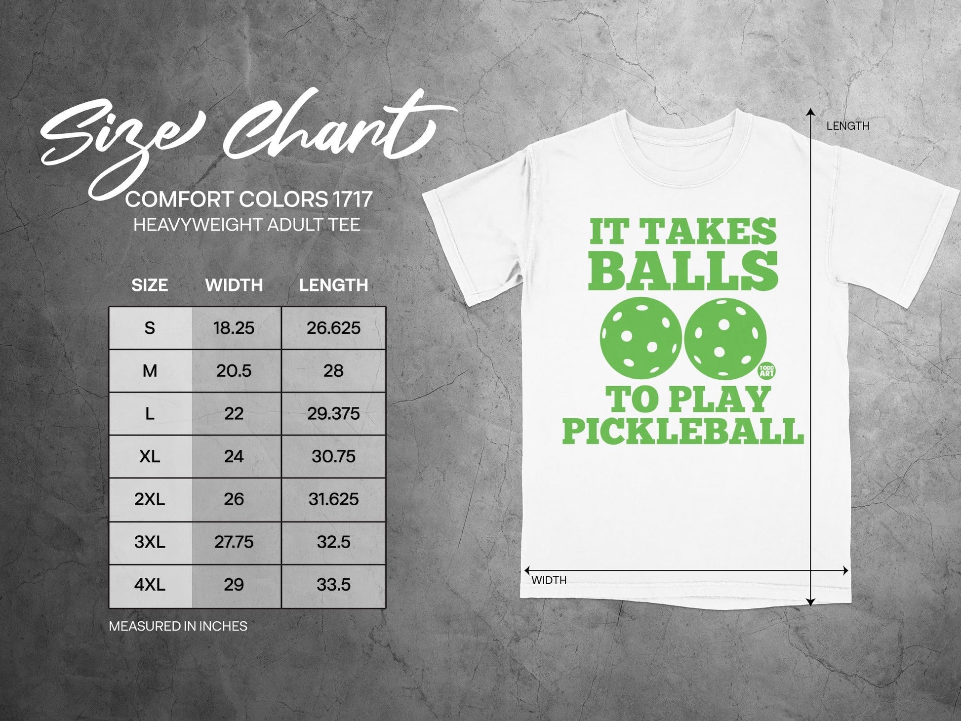 Size chart for Comfort Colors 1717 heavyweight adult tee with pickleball graphic.