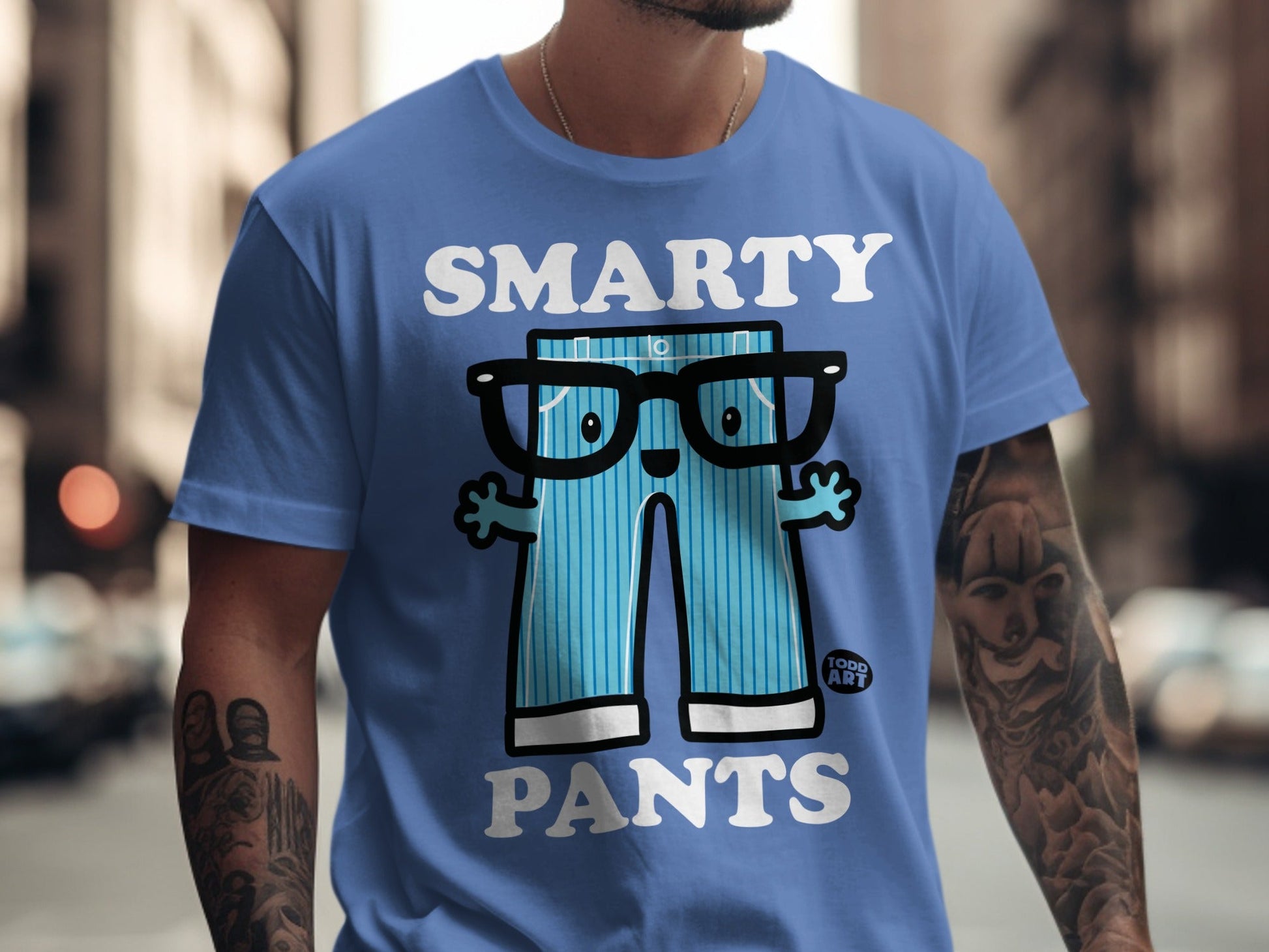 Blue t-shirt with cartoon pants and glasses; "Smarty Pants" text.