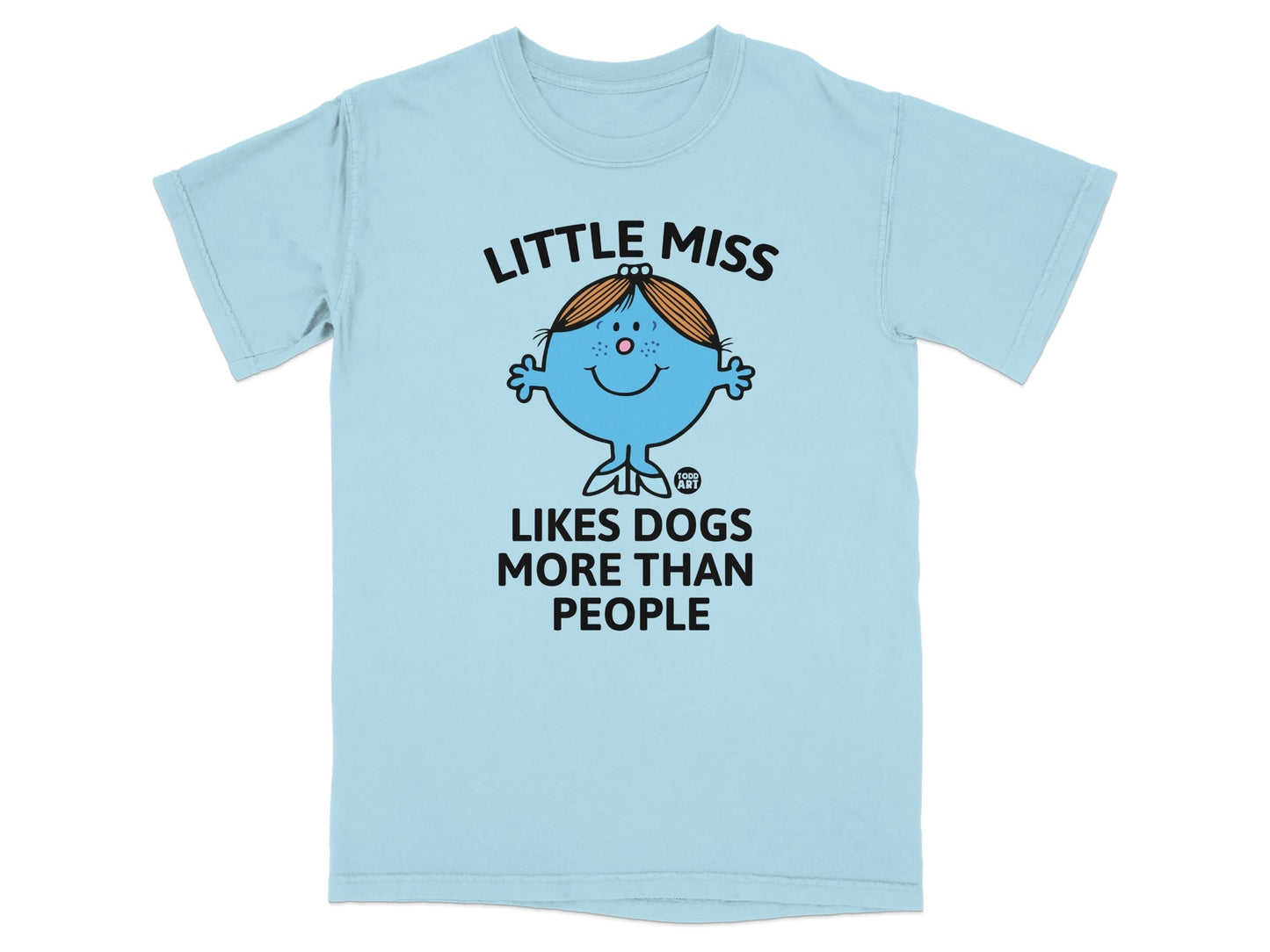 Light blue t-shirt with "Little Miss Likes Dogs More Than People" graphic.