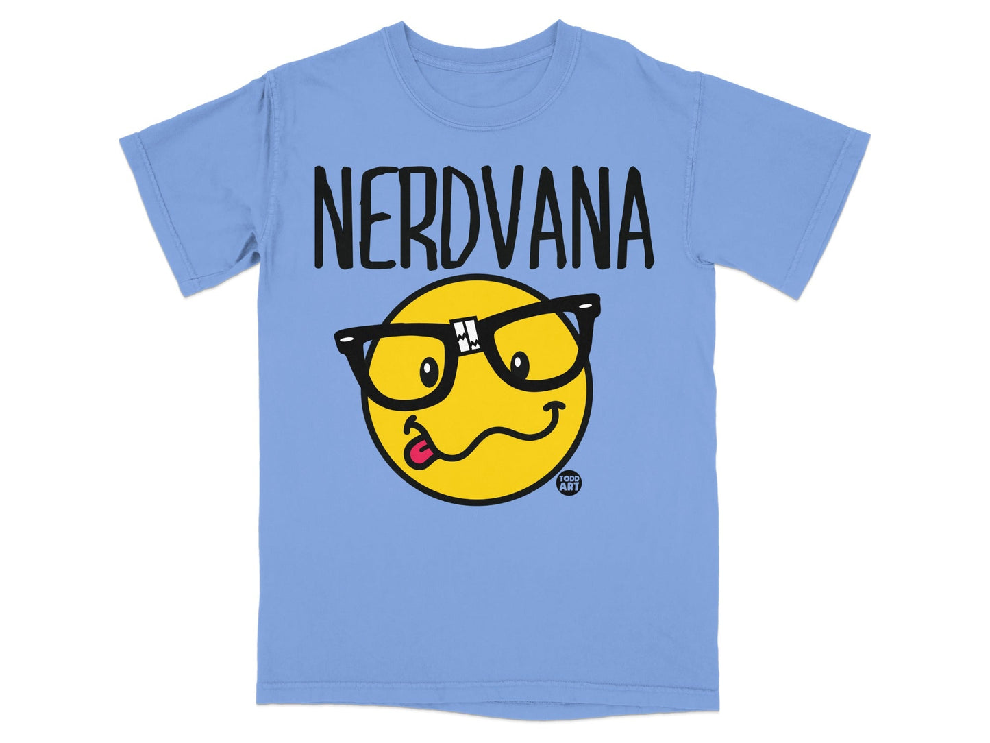 Nerdvana smiley face graphic on a light blue t-shirt.