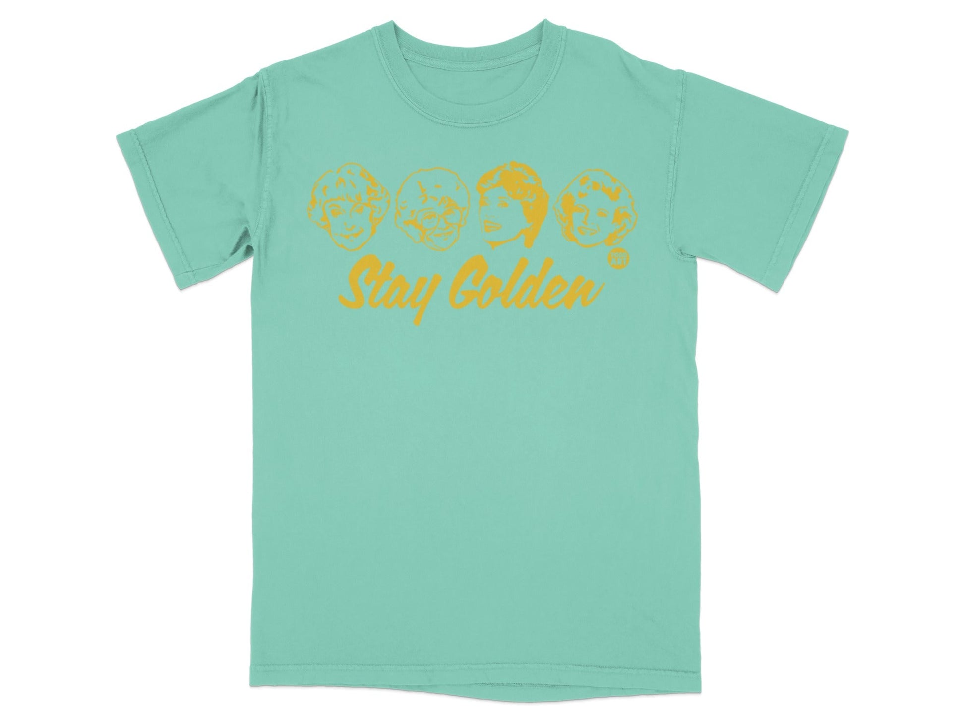 Teal t-shirt with Golden Girls faces and "Stay Golden" text.