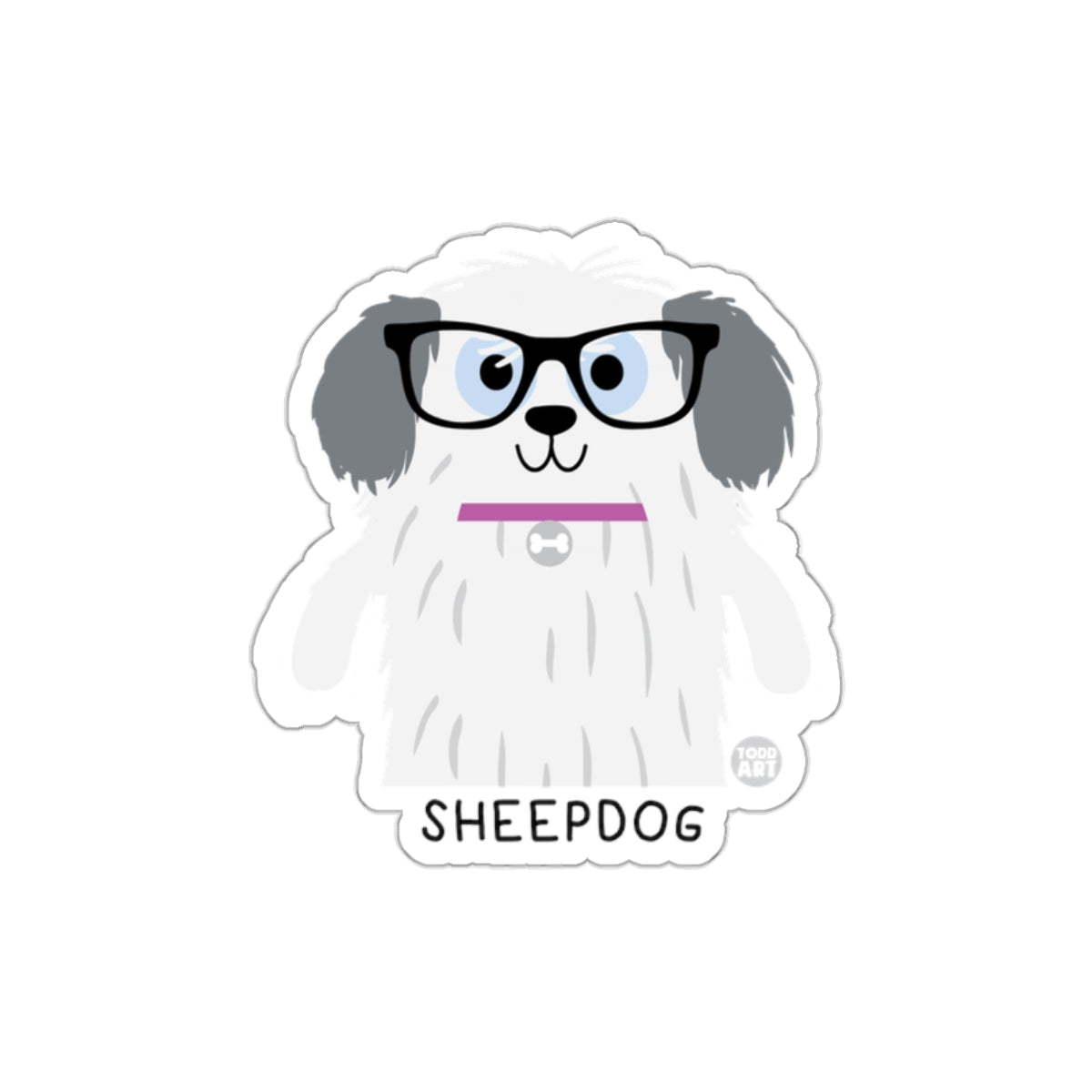 Cartoon Sheepdog Sticker with Glasses and Collar Design