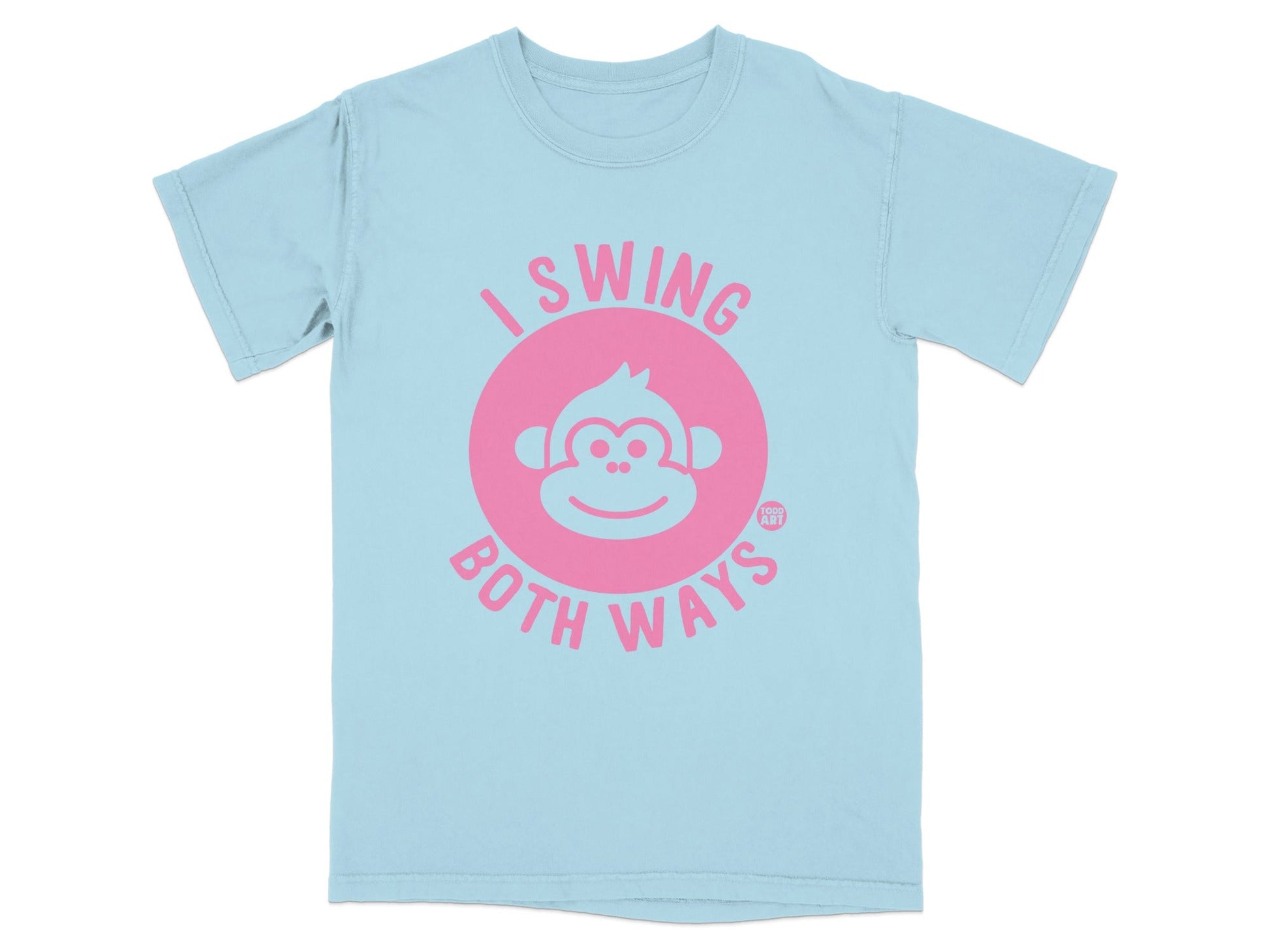 Light blue t-shirt with pink "I SWING BOTH WAYS" text and monkey logo.