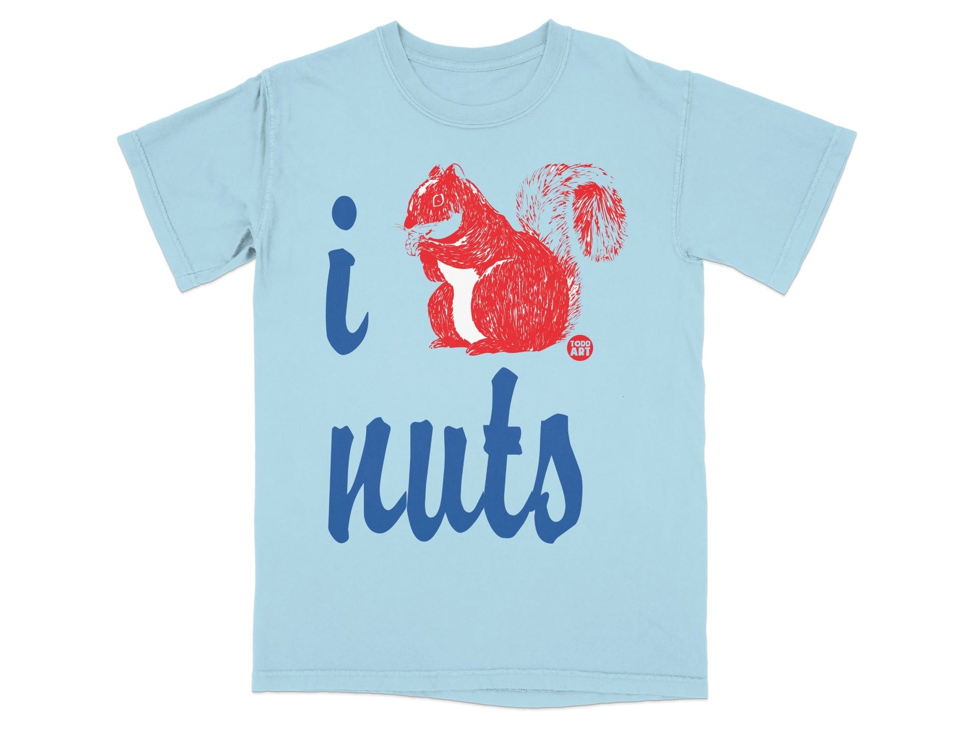 Light blue t-shirt with "i nuts" text and a red squirrel illustration.