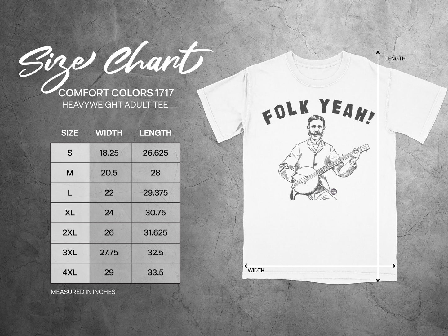 Size chart for Comfort Colors 1717 heavyweight adult tee.
