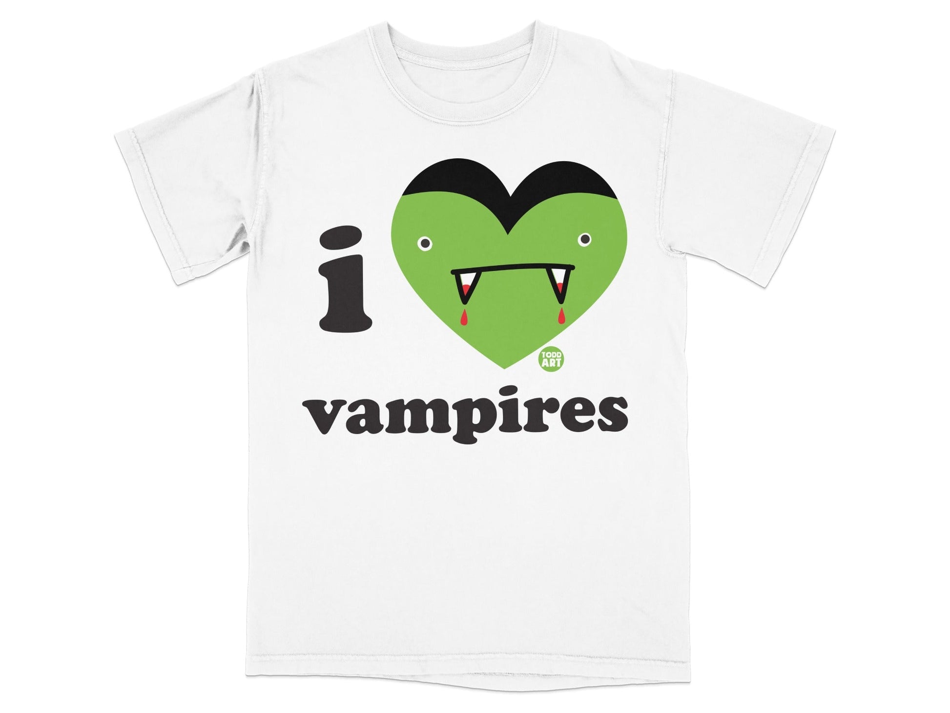 I Love Vampires Graphic Tee with Green Heart Design