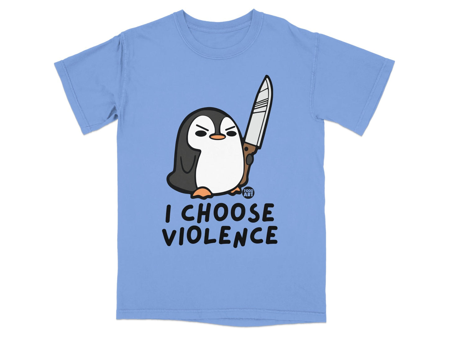 Blue t-shirt with cartoon penguin holding a knife and the text "I CHOOSE VIOLENCE".