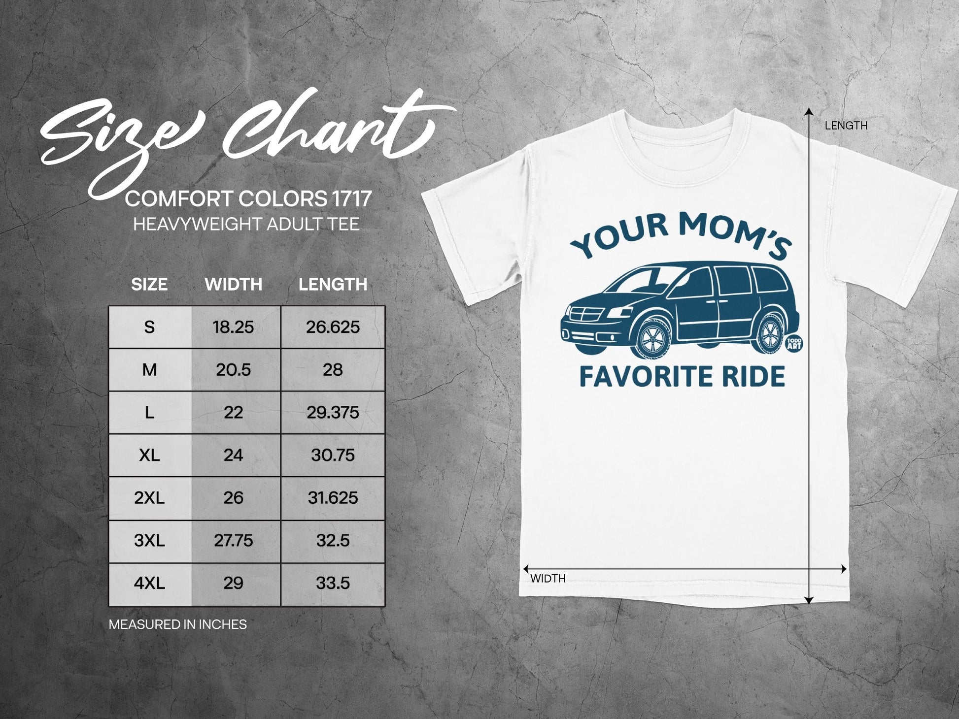 Comfort Colors 1717 size chart for adult t-shirts with measurements.