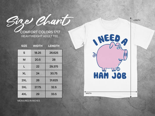 Comfort Colors 1717 size chart for heavyweight adult tee with pig graphic.