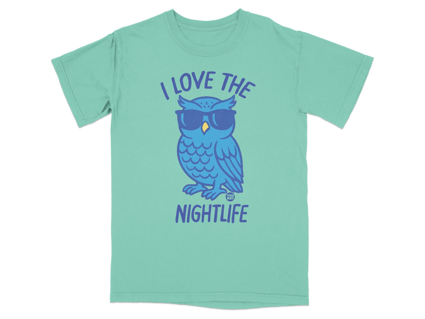 Teal t-shirt with sunglasses-wearing owl and "I LOVE THE NIGHTLIFE" text.