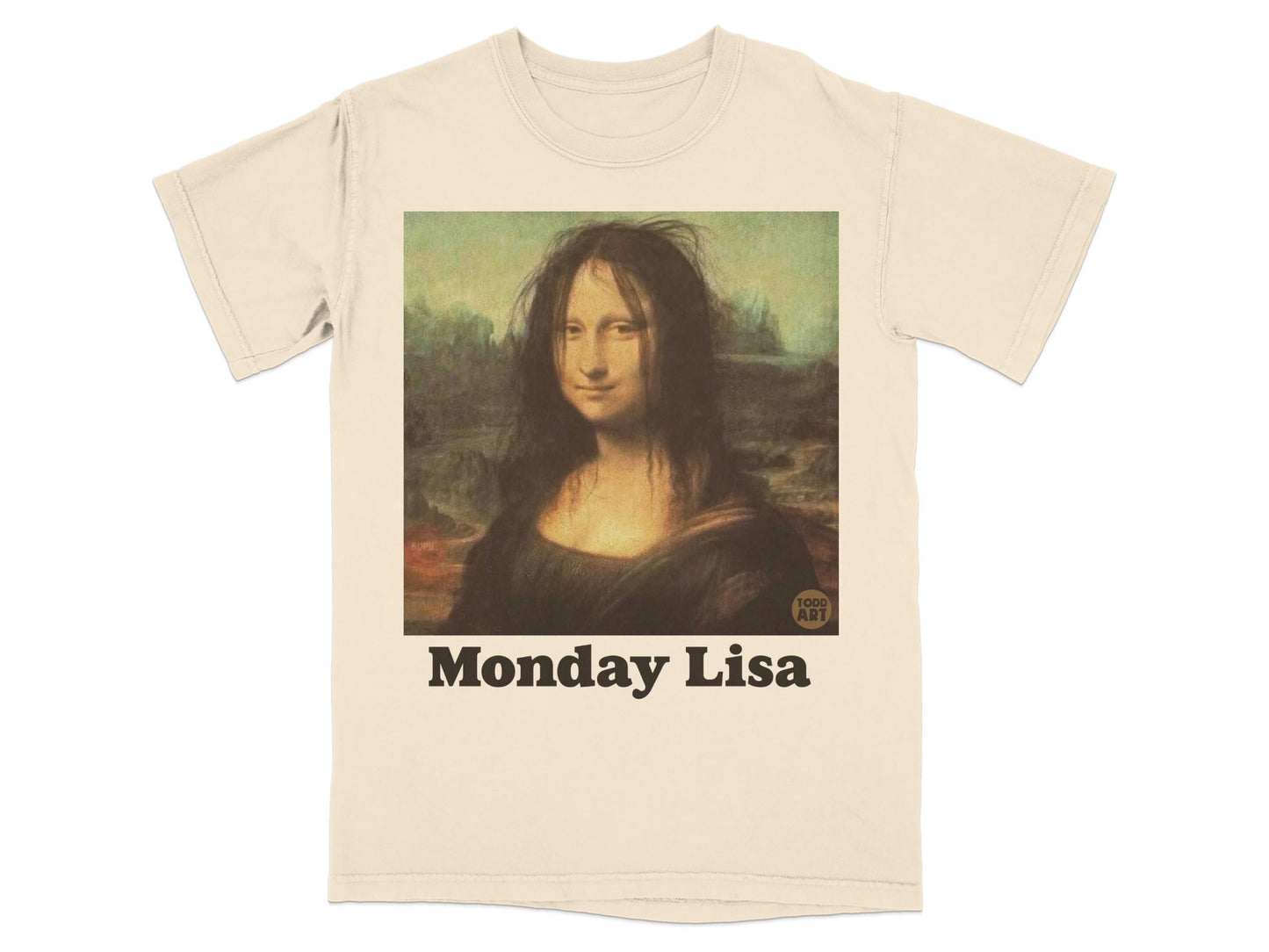 T-shirt with a humorous "Monday Lisa" parody of the Mona Lisa painting.