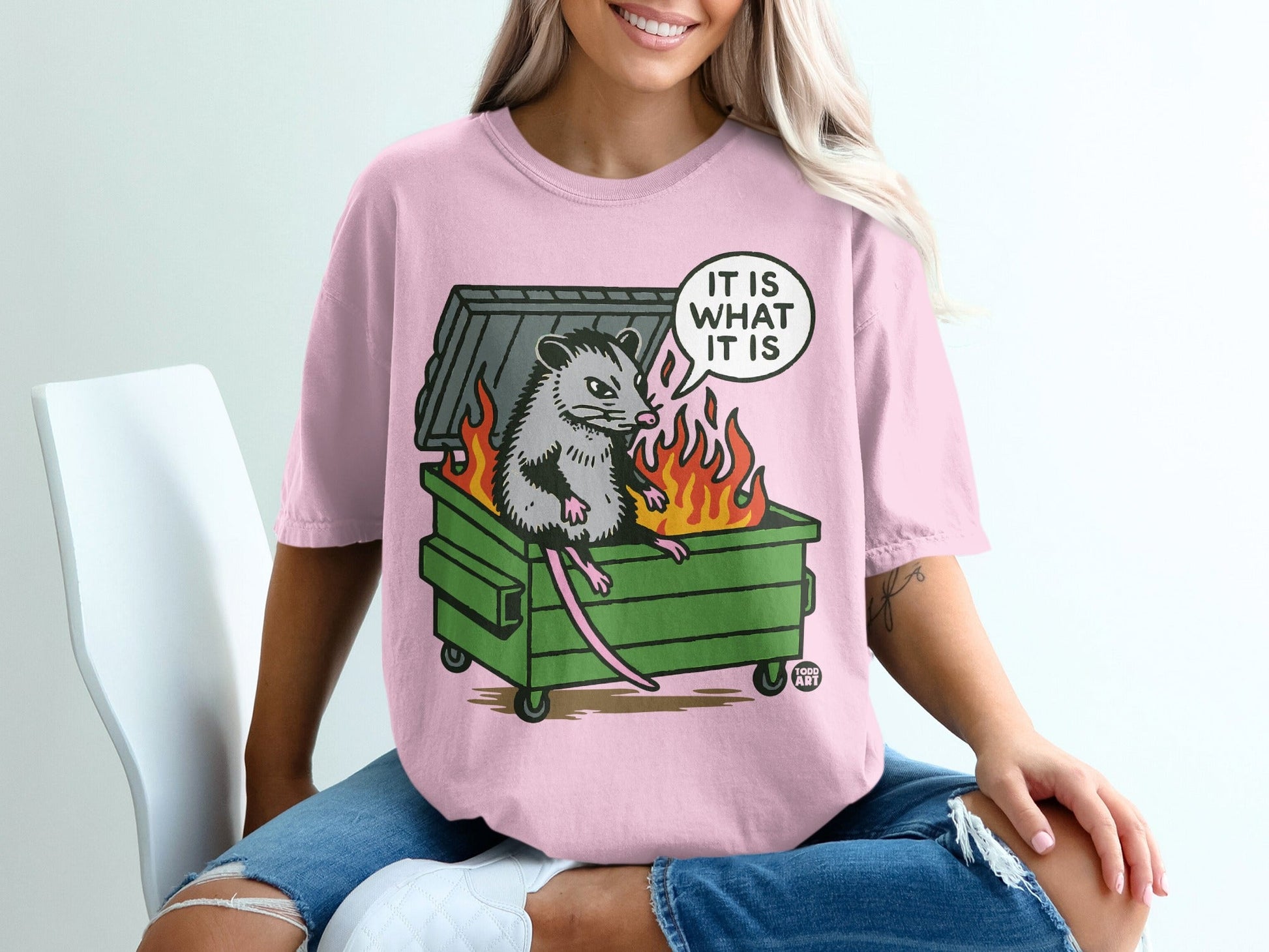 Opossum sitting in a burning dumpster, speech bubble says "IT IS WHAT IT IS."