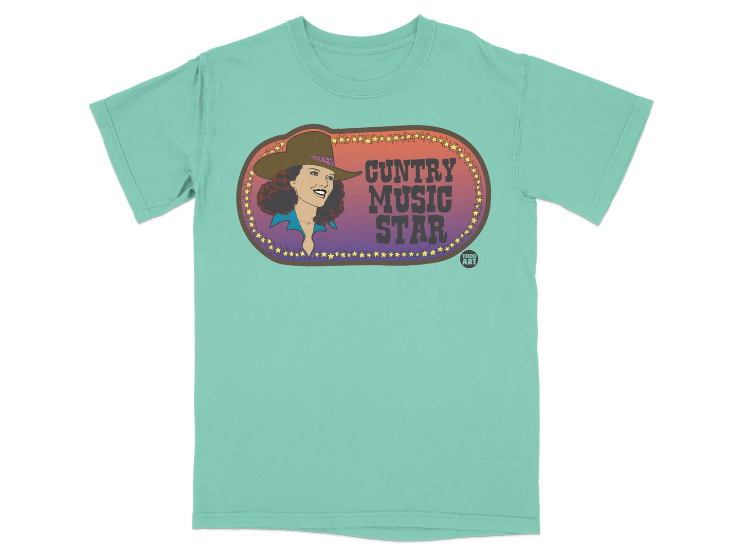 T-shirt with "Country Music Star" text and woman wearing a cowboy hat.