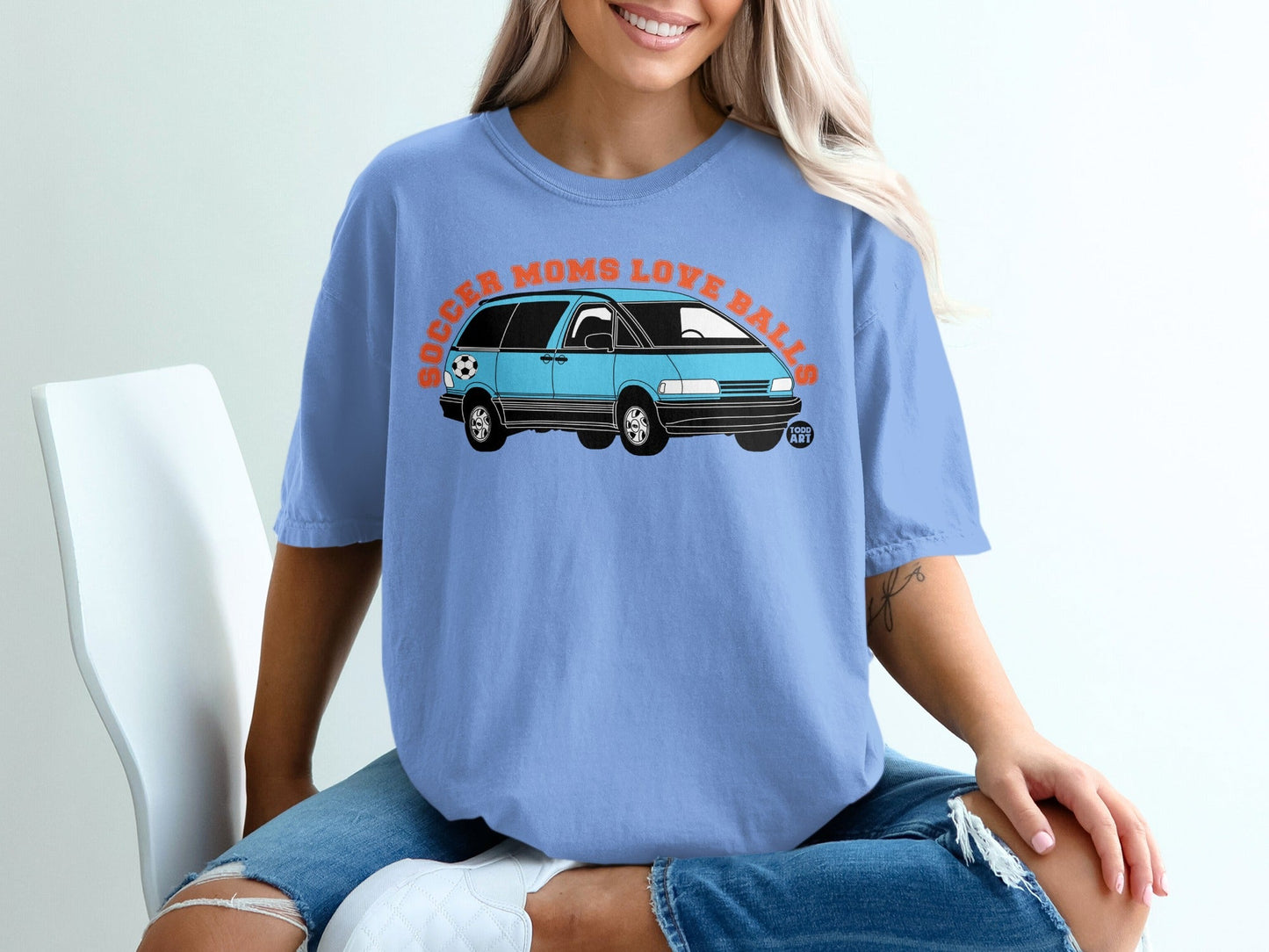 Blue t-shirt with "SOCCER MOMS LOVE BALLS" and a minivan illustration.