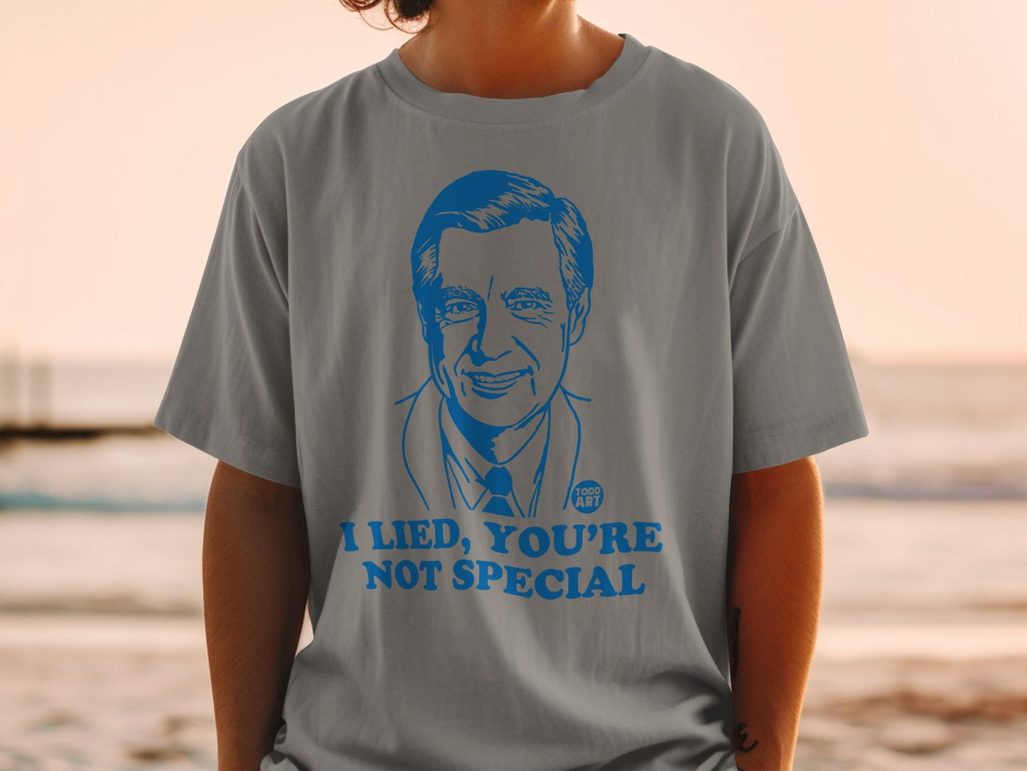 Gray t-shirt featuring a blue line drawing of Fred Rogers and the text "I Lied, You're Not Special."