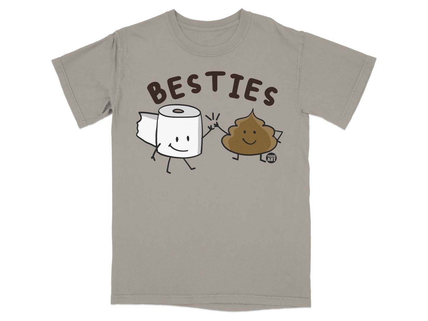 Toilet paper roll and smiling poop giving high five, with "BESTIES" text.