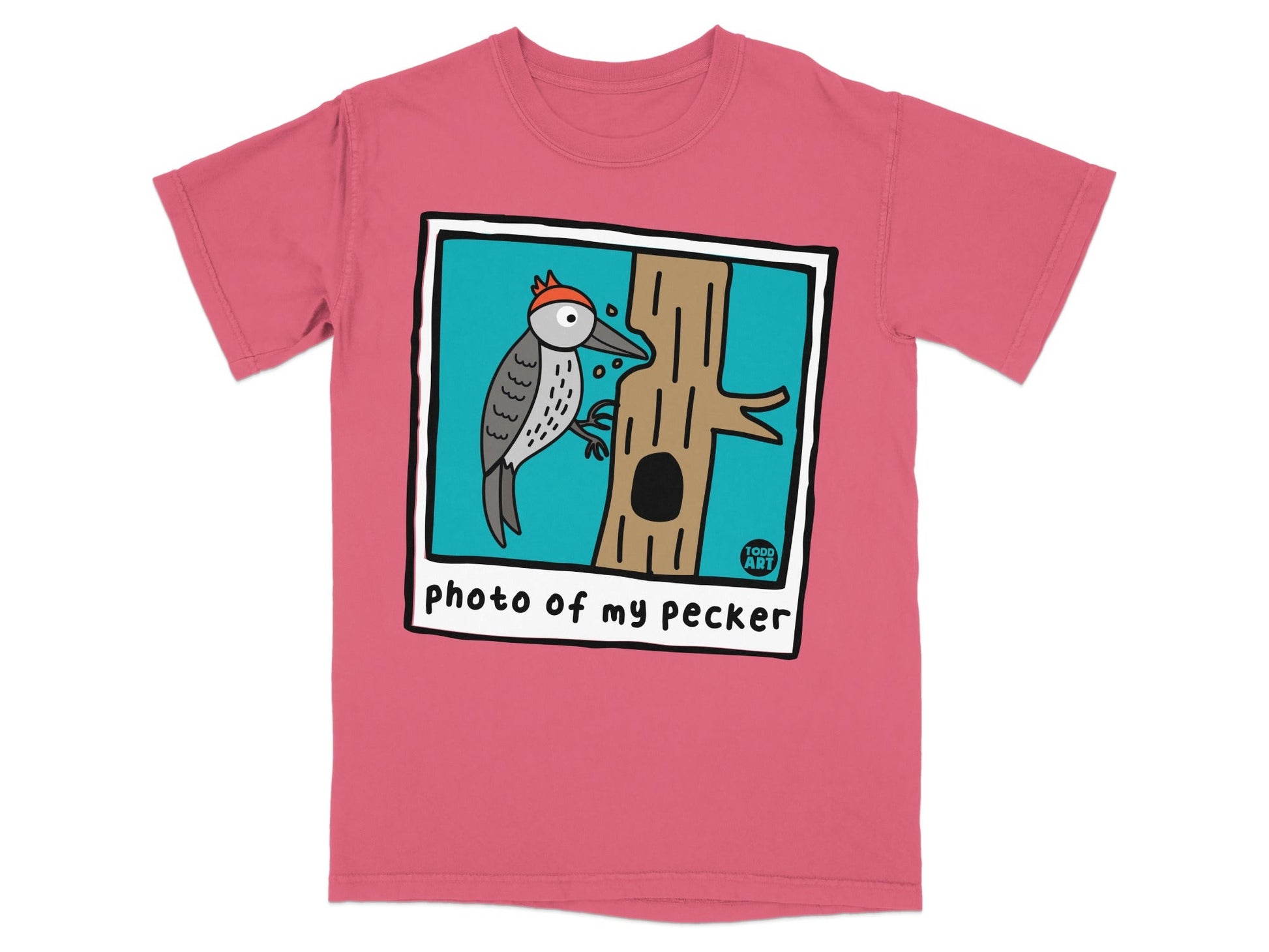 T-shirt with cartoon woodpecker on a tree, "photo of my pecker" text.