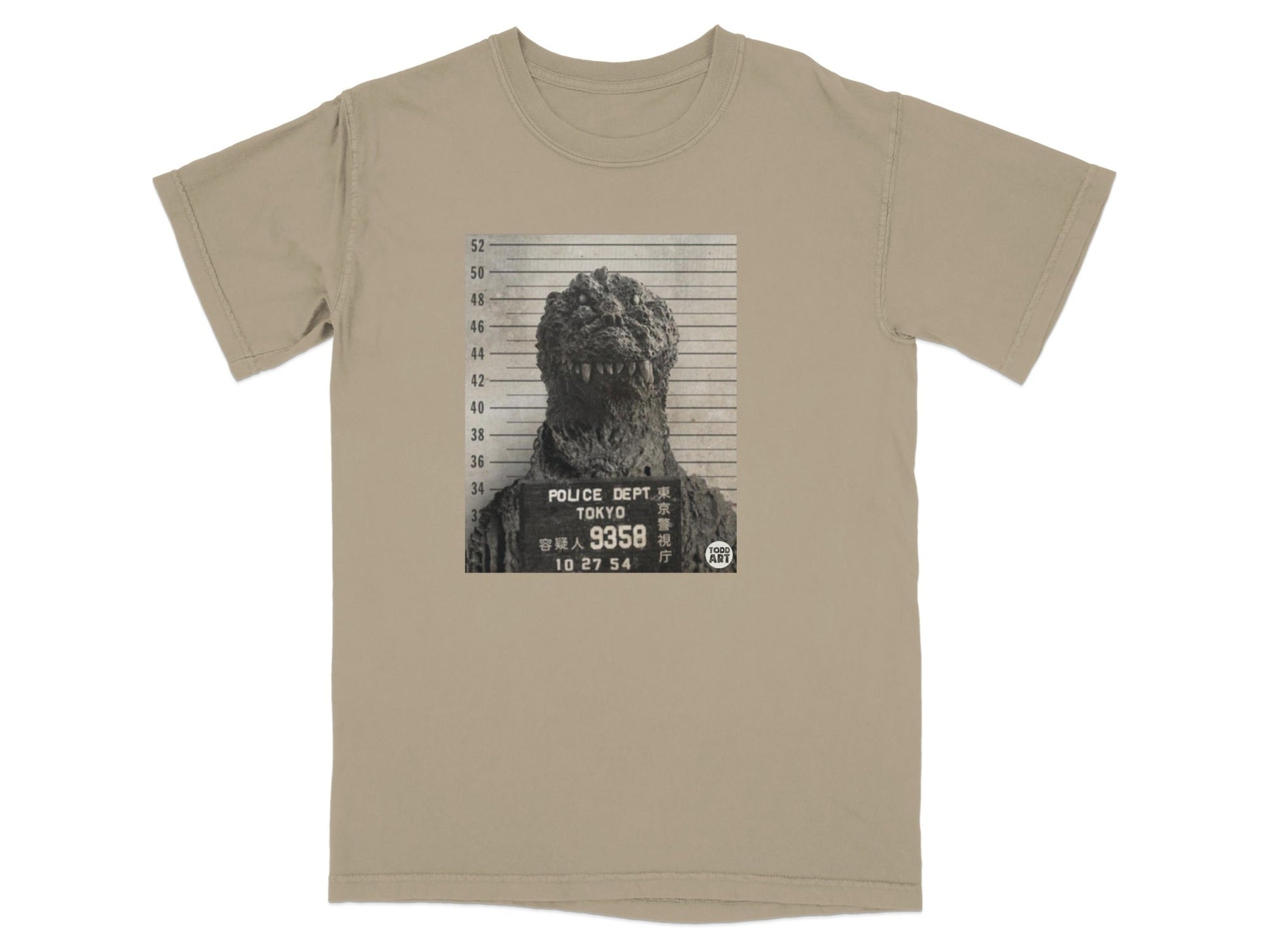 Godzilla mugshot with "POLICE DEPT TOKYO" text.