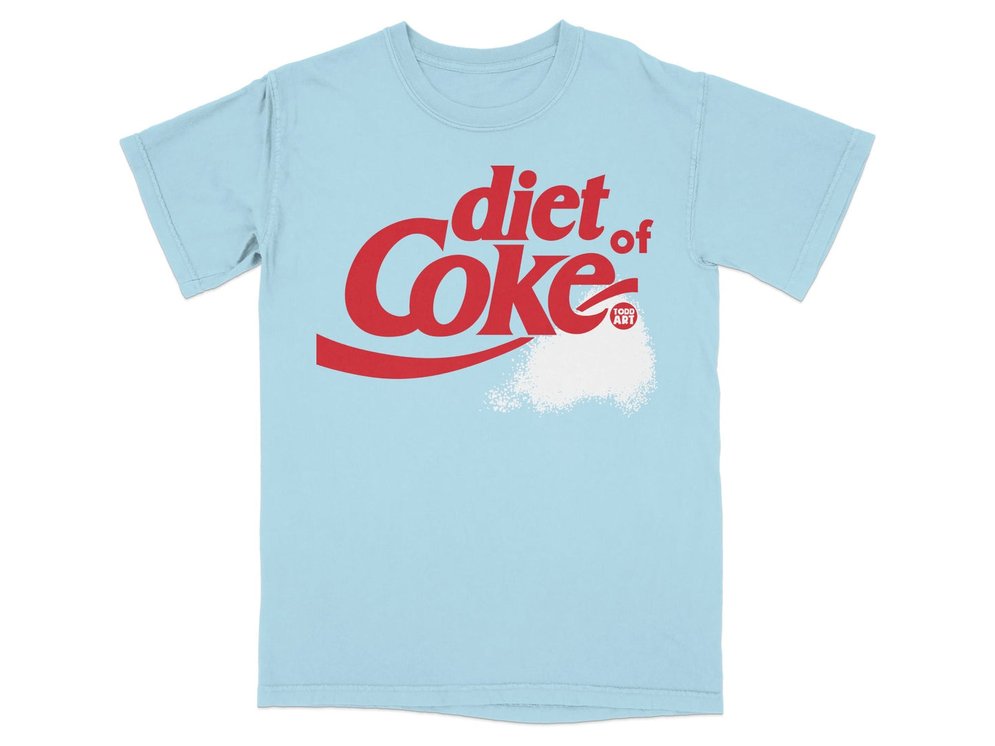 Light blue t-shirt with red "Diet Coke" logo and white sugar granules.