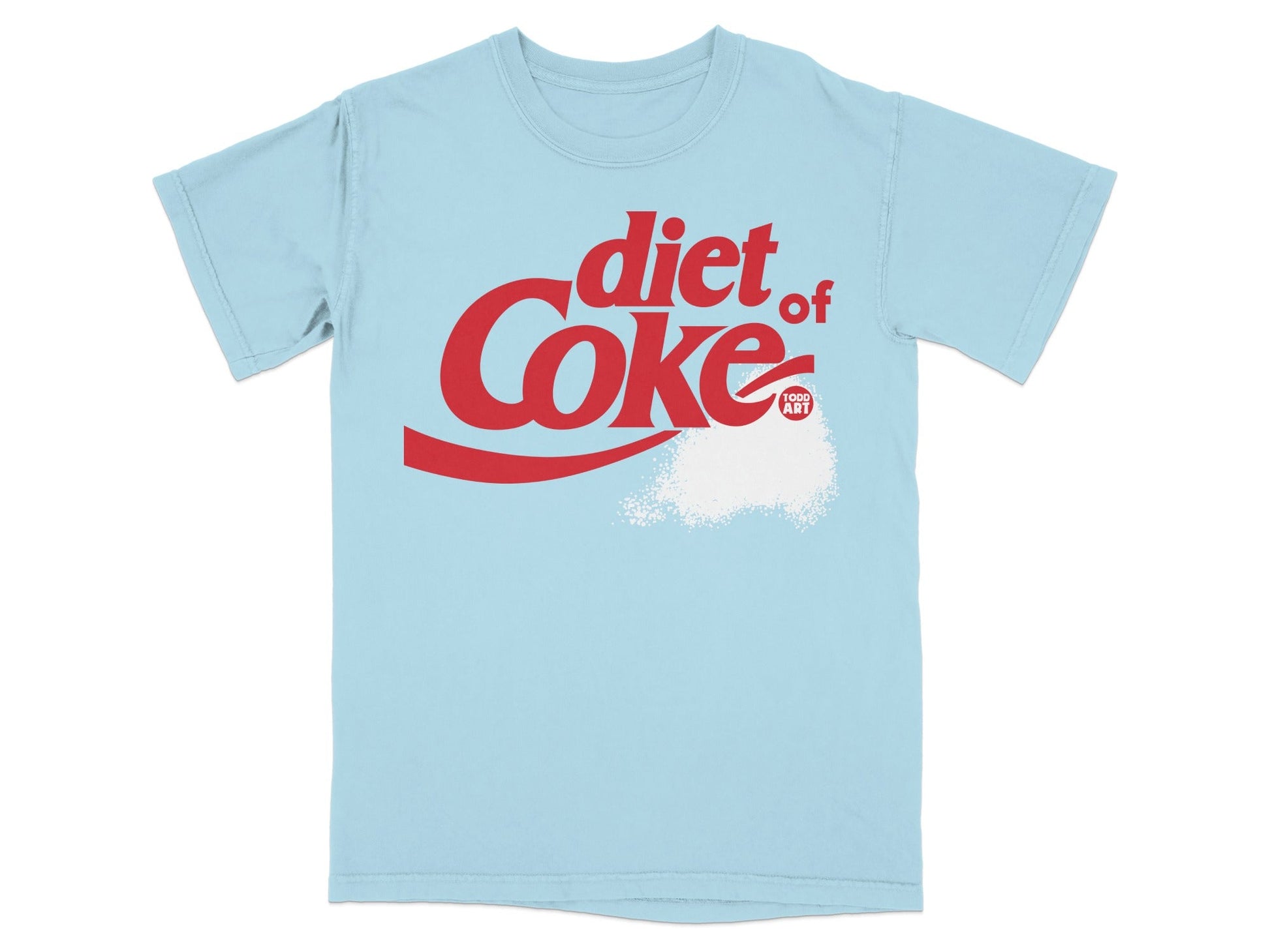 Light blue t-shirt with red "Diet Coke" logo and white sugar granules.