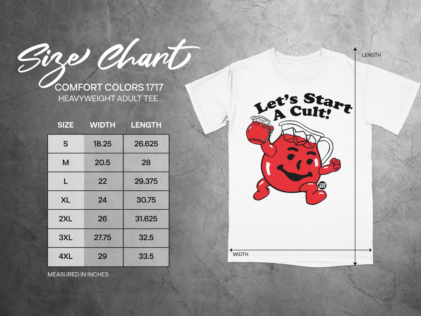 Size chart for Comfort Colors 1717 heavyweight adult tee with Kool-Aid Man.