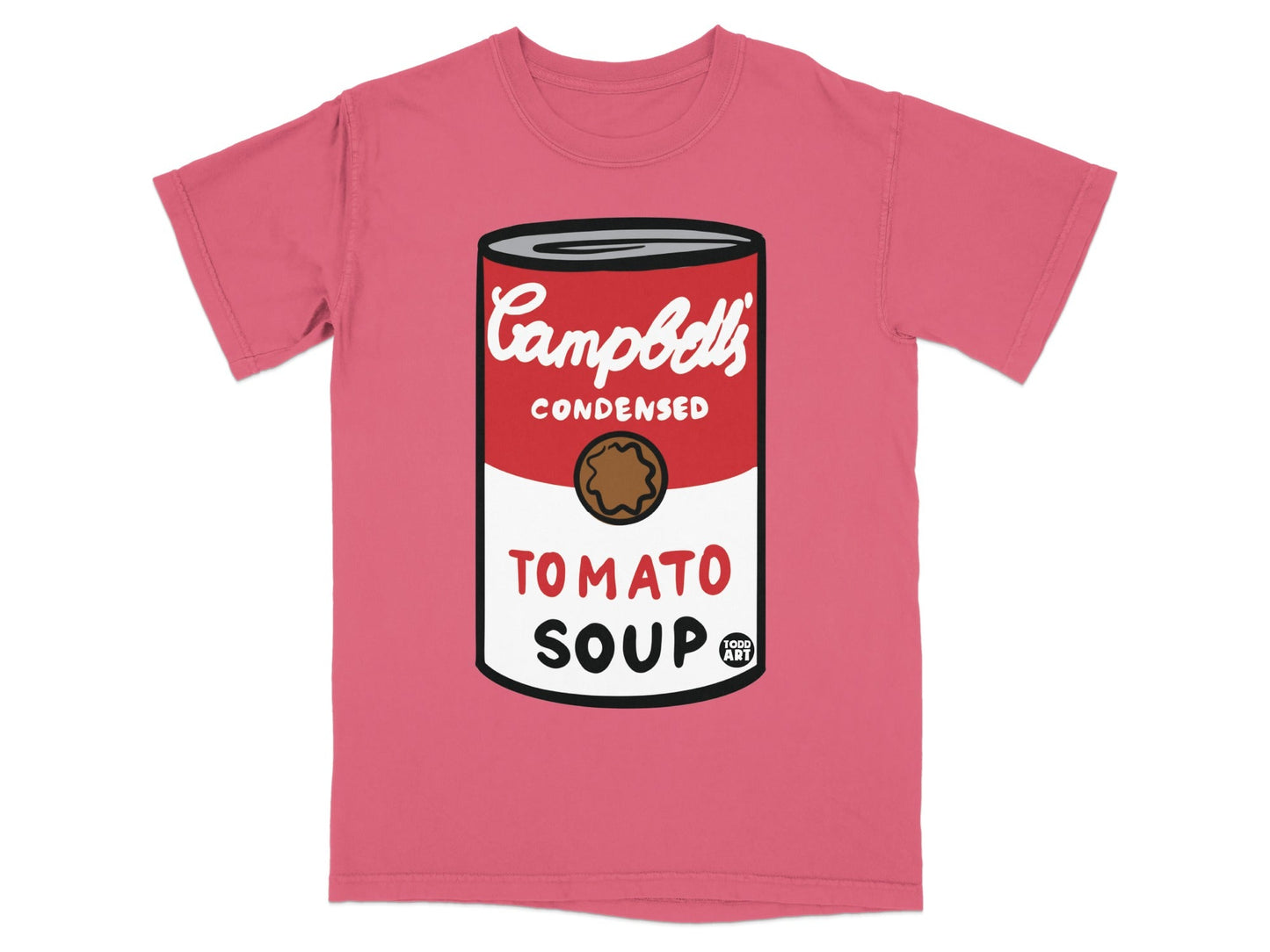 Pink t-shirt featuring Andy Warhol's Campbell's Tomato Soup can design.