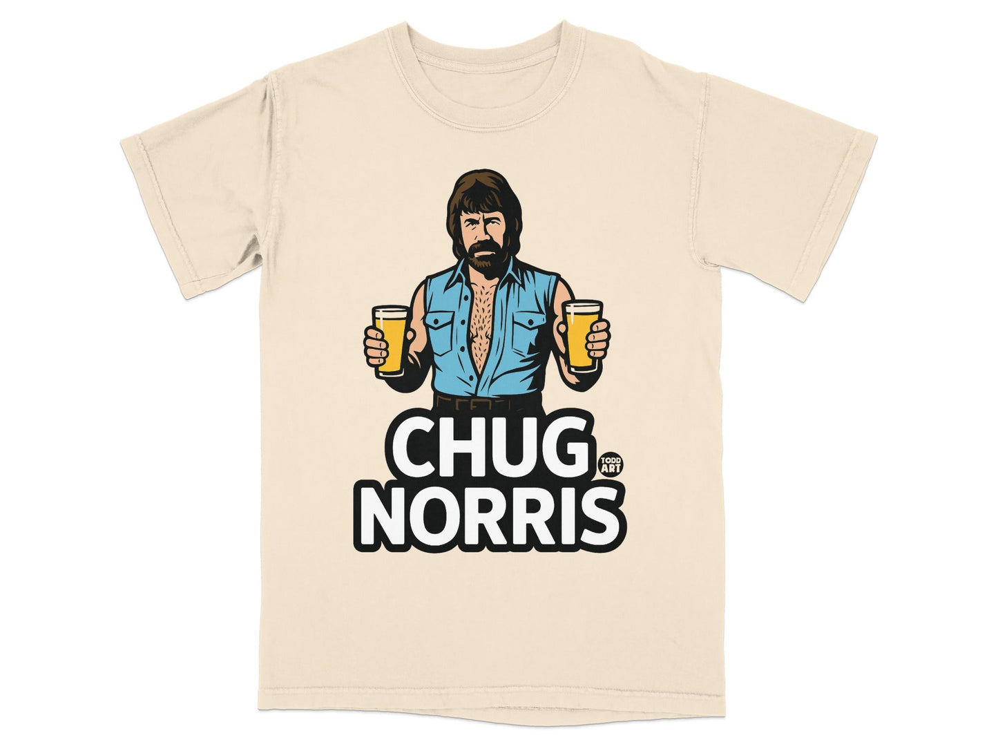 T-shirt with Chuck Norris holding two beers and "Chug Norris" text.
