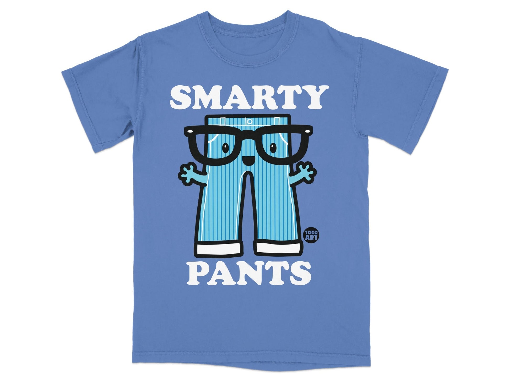 Cartoon character with glasses and pants saying "SMARTY PANTS".