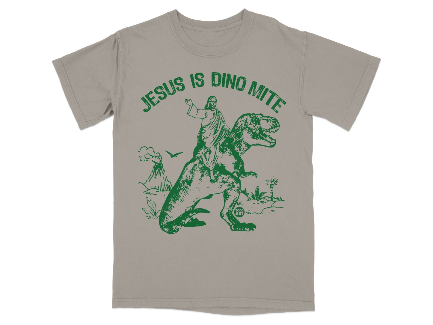 Jesus riding a Tyrannosaurus Rex with volcano and birds.