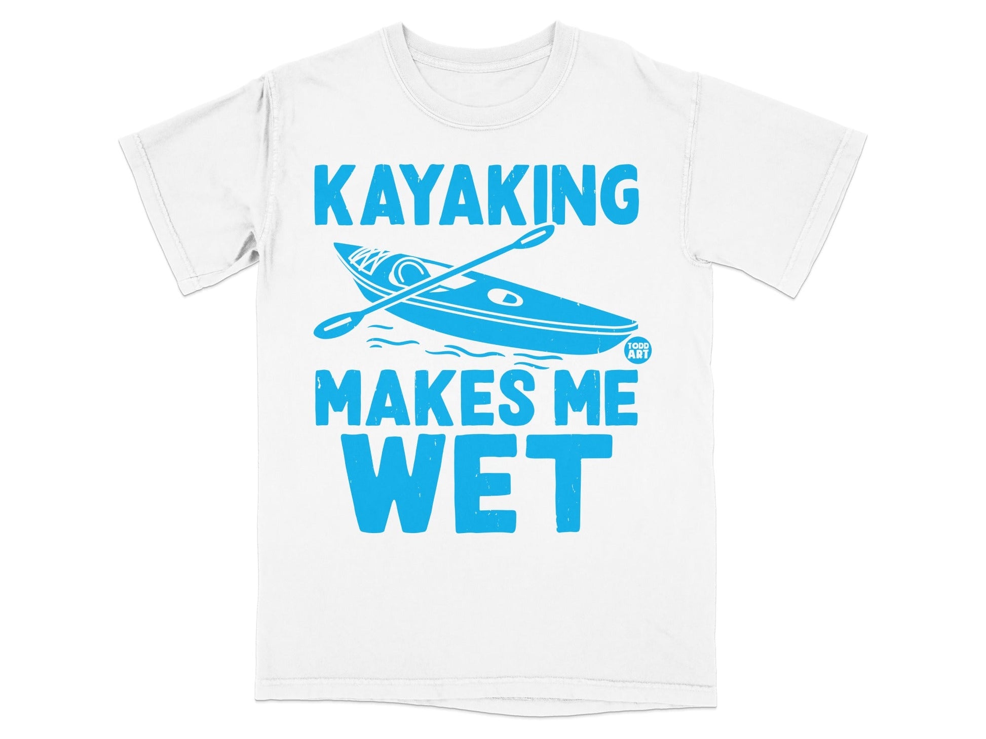 White t-shirt with blue text and graphic of a kayak and paddle.