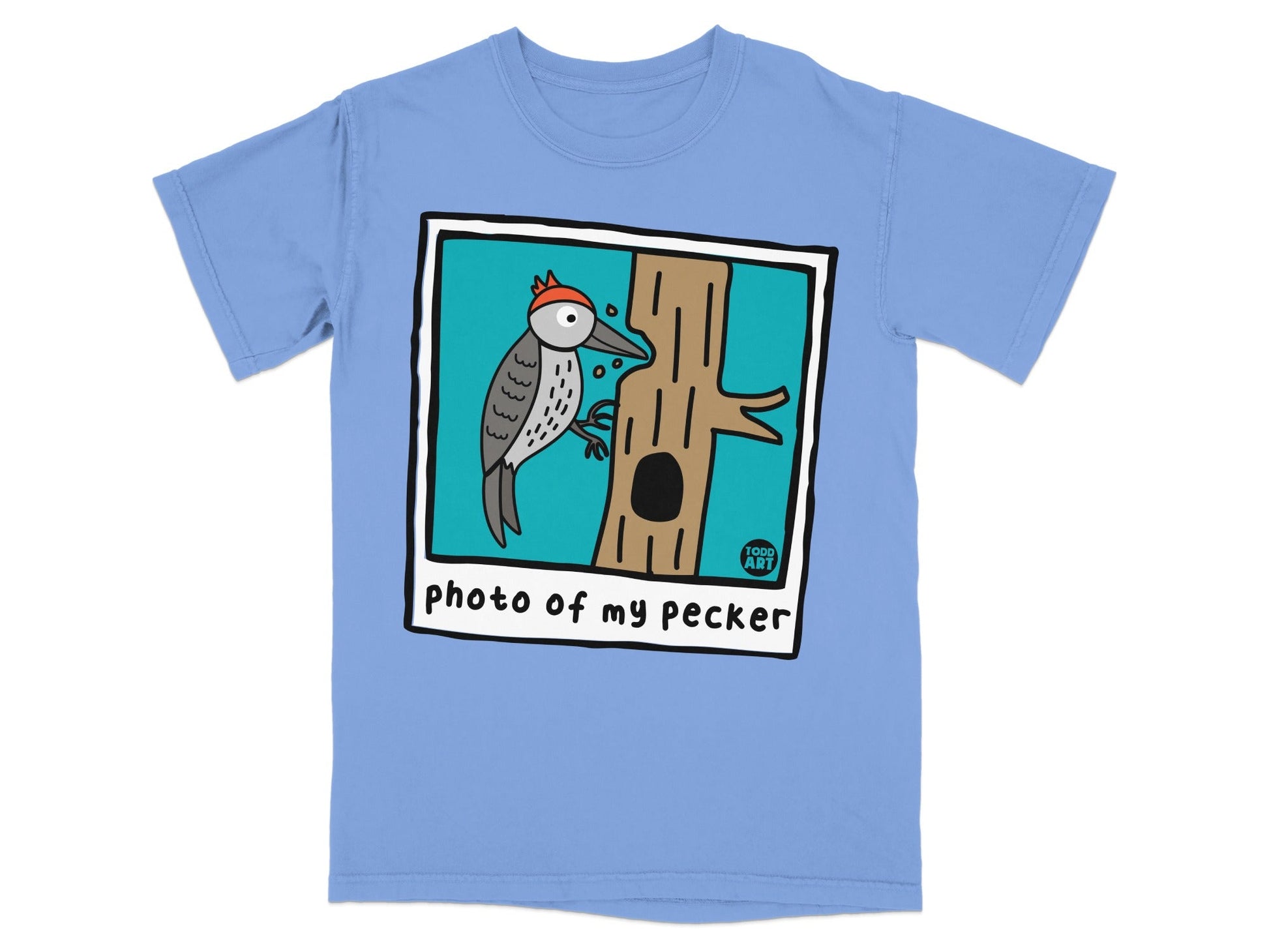 Blue t-shirt featuring a cartoon woodpecker on a tree, with text.