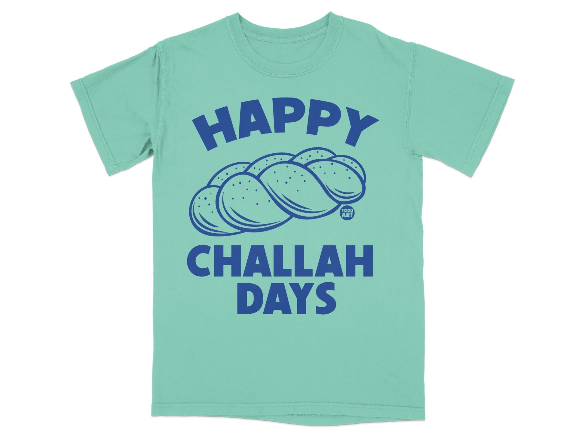 Teal t-shirt with "HAPPY CHANUKAH DAYS" and a challah bread graphic.