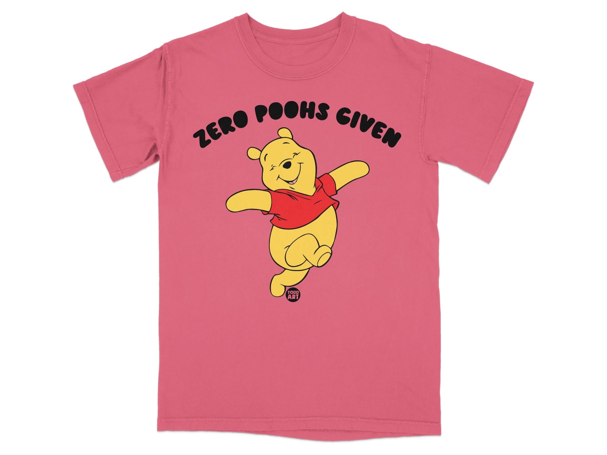 Winnie the Pooh in red shirt with "ZERO POOHS GIVEN" text.