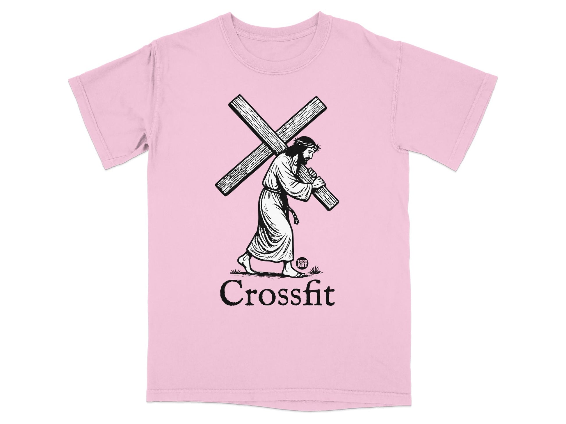 Pink t-shirt with graphic of Jesus carrying the cross and the word "Crossfit".