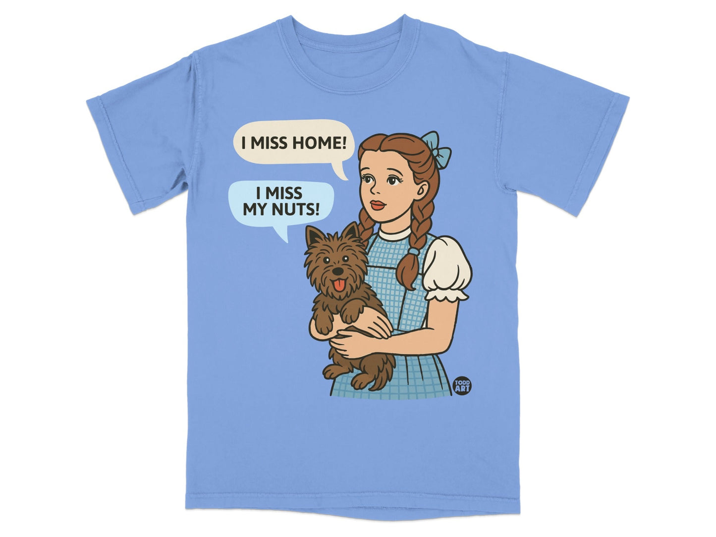 Dorothy holds Toto, saying "I miss home!" and "I miss my nuts!"