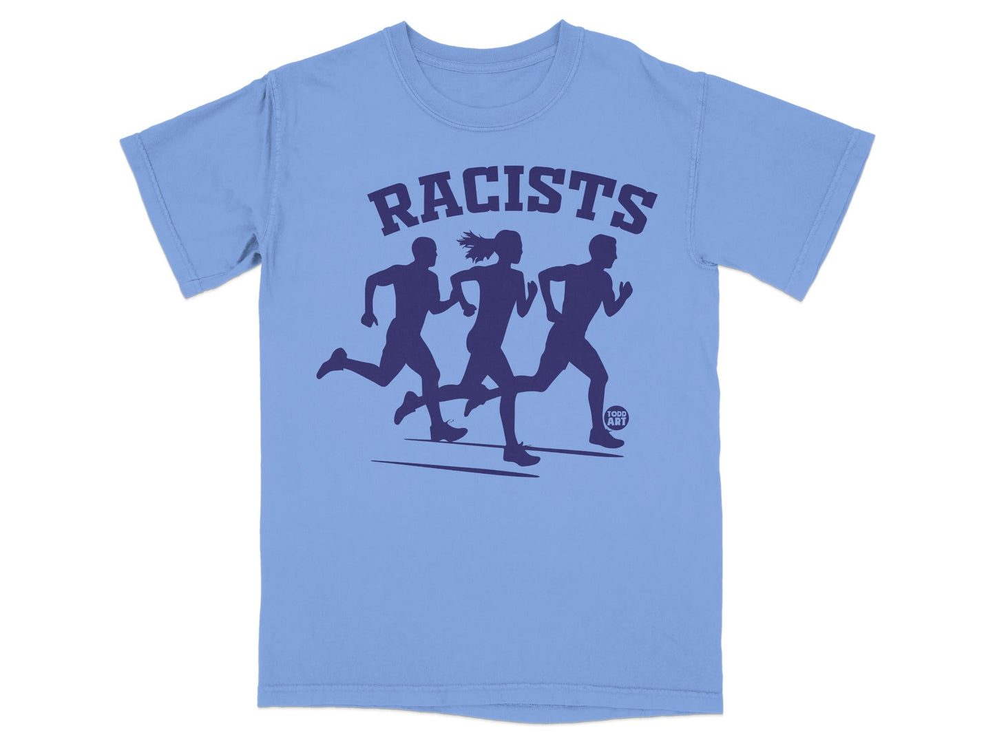 Light blue t-shirt with dark blue graphic of three runners and "FOOD ART" logo.